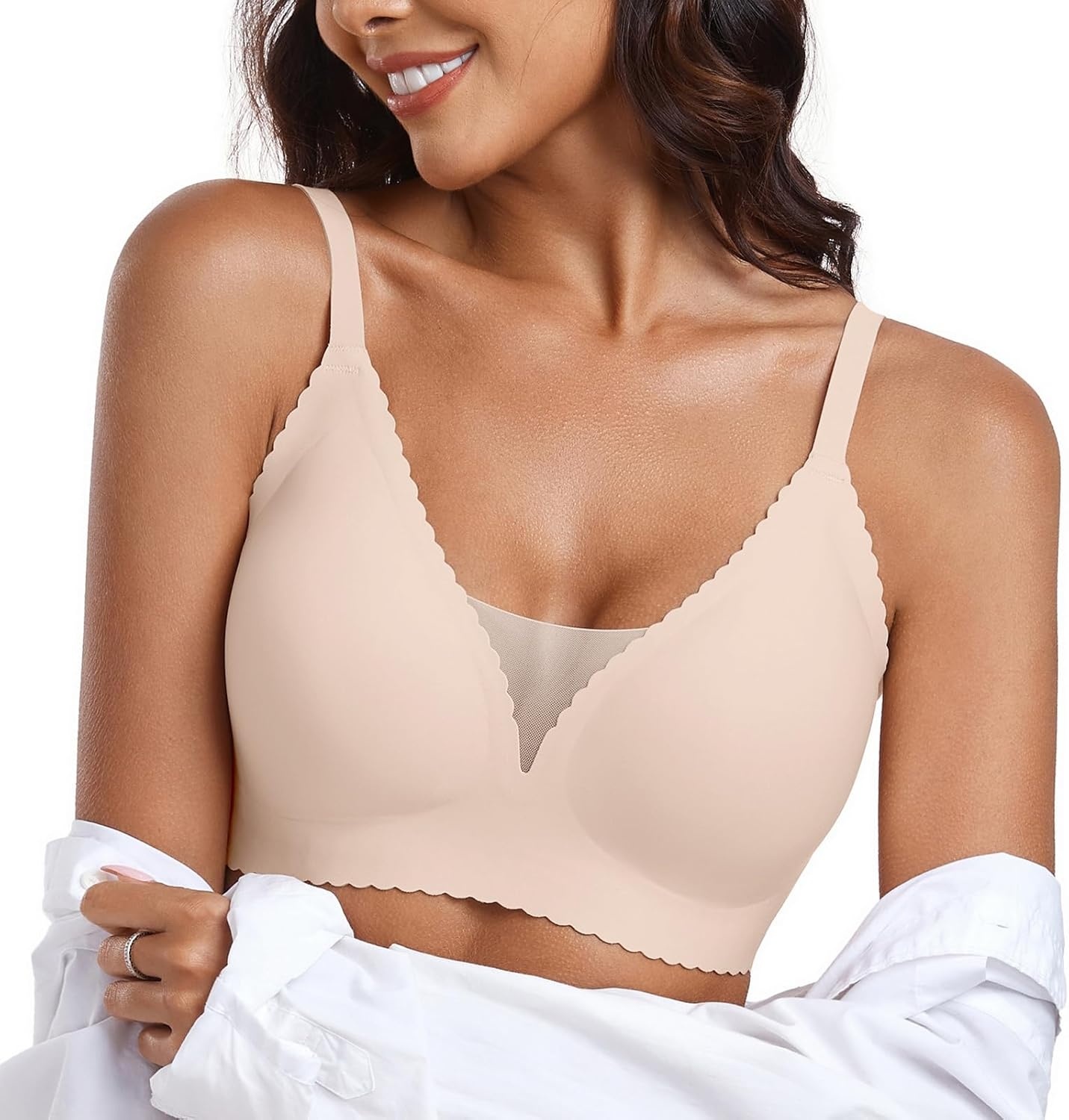 image:imageOEAK Womens Comfortable Bras Wireless Bras Push Up Bralettes Scalloped Mesh Bras Seamless Tshirts Bras Deep V Everyday BrasNude