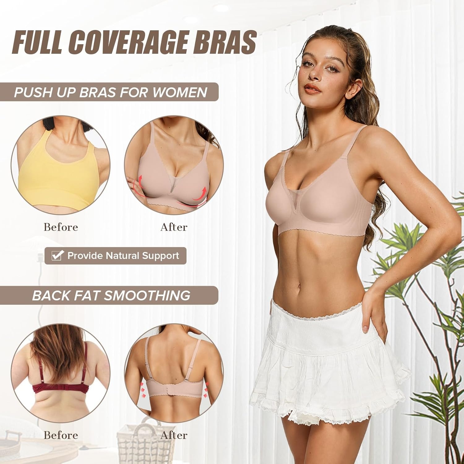 image:imageOEAK Womens Comfortable Bras Wireless Bras Push Up Bralettes Scalloped Mesh Bras Seamless Tshirts Bras Deep V Everyday BrasNude