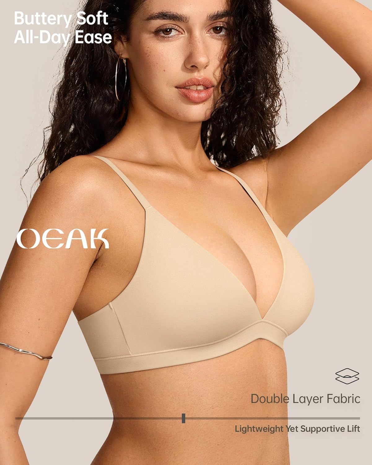 image:imageOEAK Womens Comfortable Triangle Bras No Underwire Sexy Plunge Unlined Bralette Pull On Bra Seamless Everyday Tshirt BrasBeige