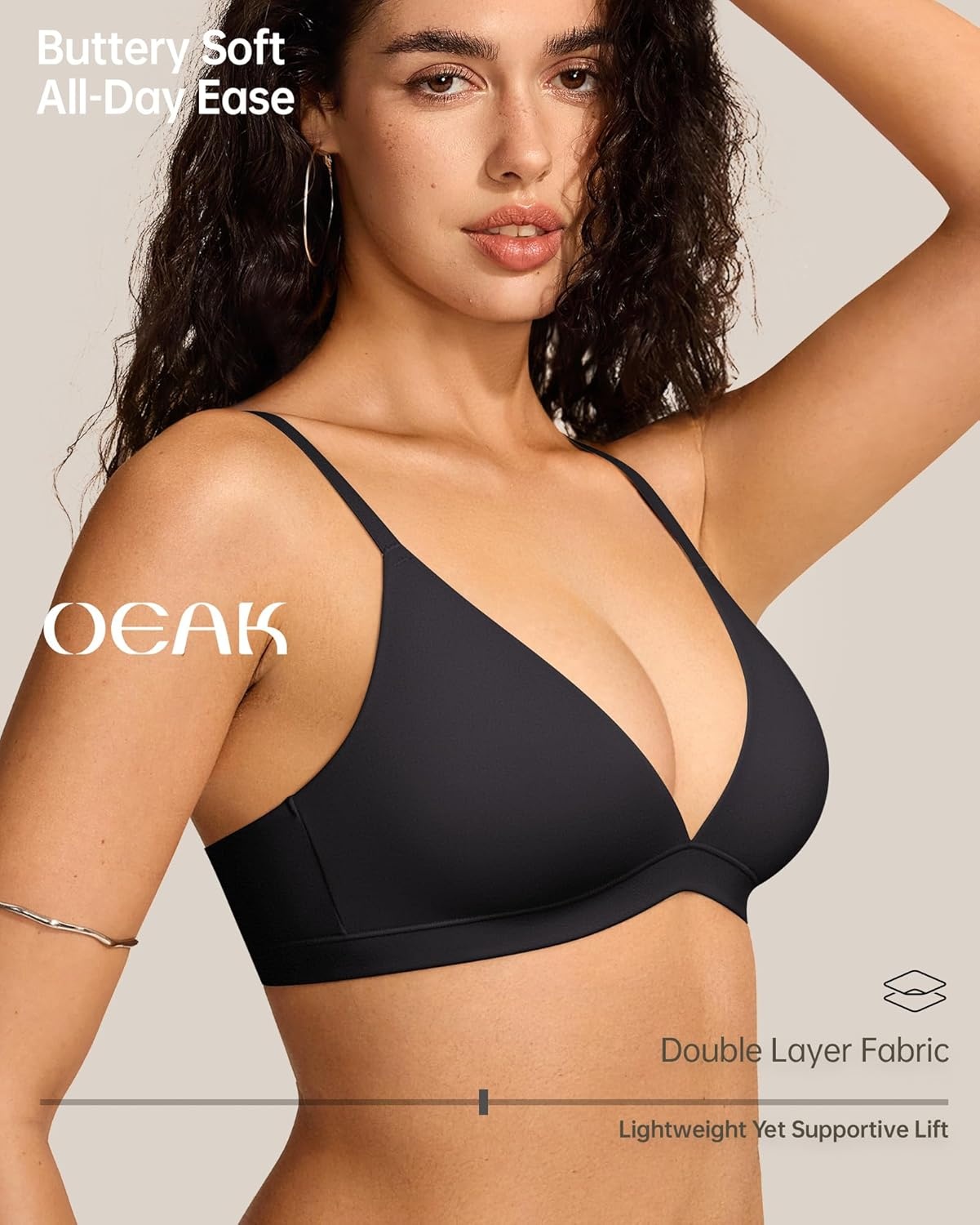 image:imageOEAK Womens Comfortable Triangle Bras No Underwire Sexy Plunge Unlined Bralette Pull On Bra Seamless Everyday Tshirt BrasBlack