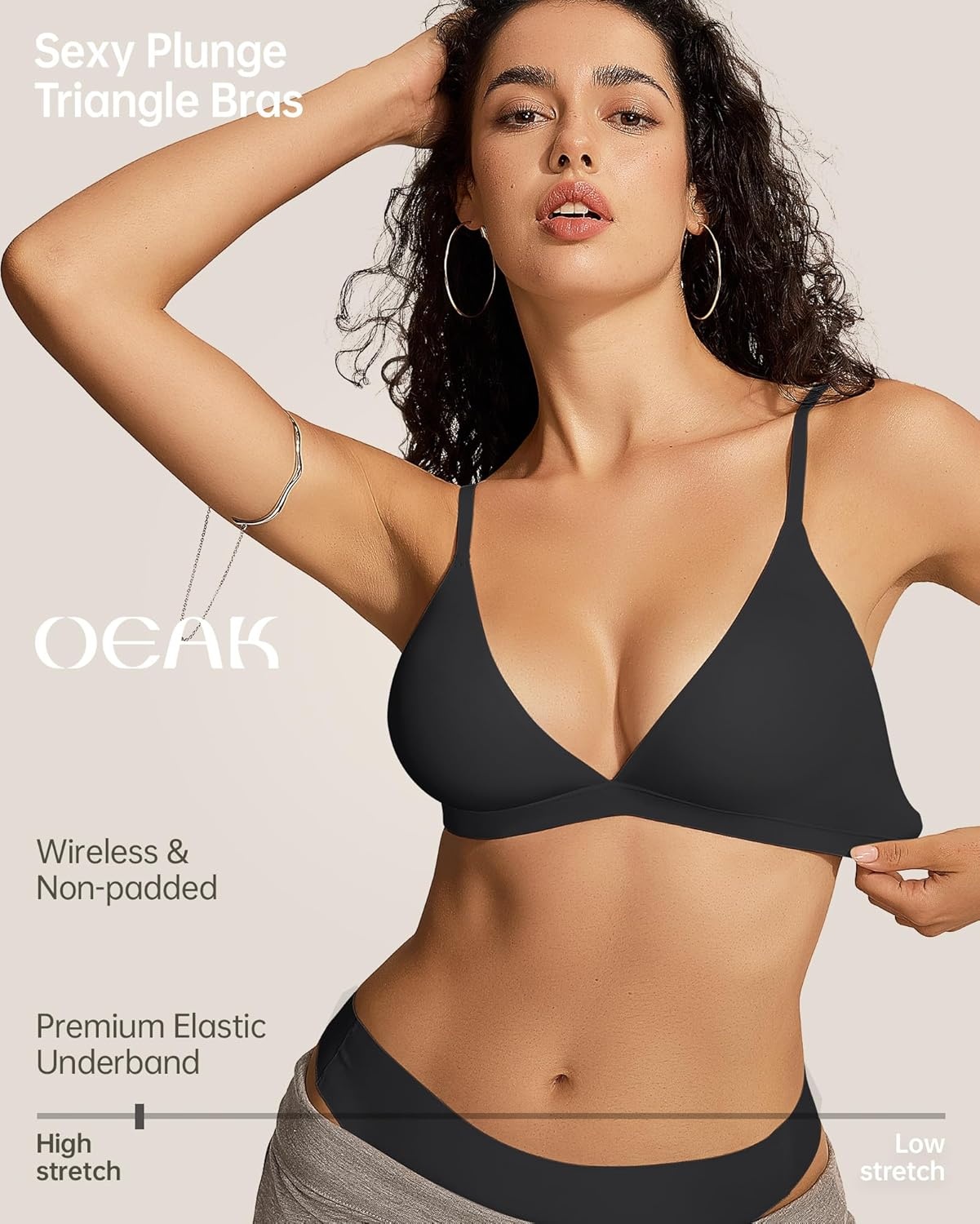 image:imageOEAK Womens Comfortable Triangle Bras No Underwire Sexy Plunge Unlined Bralette Pull On Bra Seamless Everyday Tshirt BrasBlack