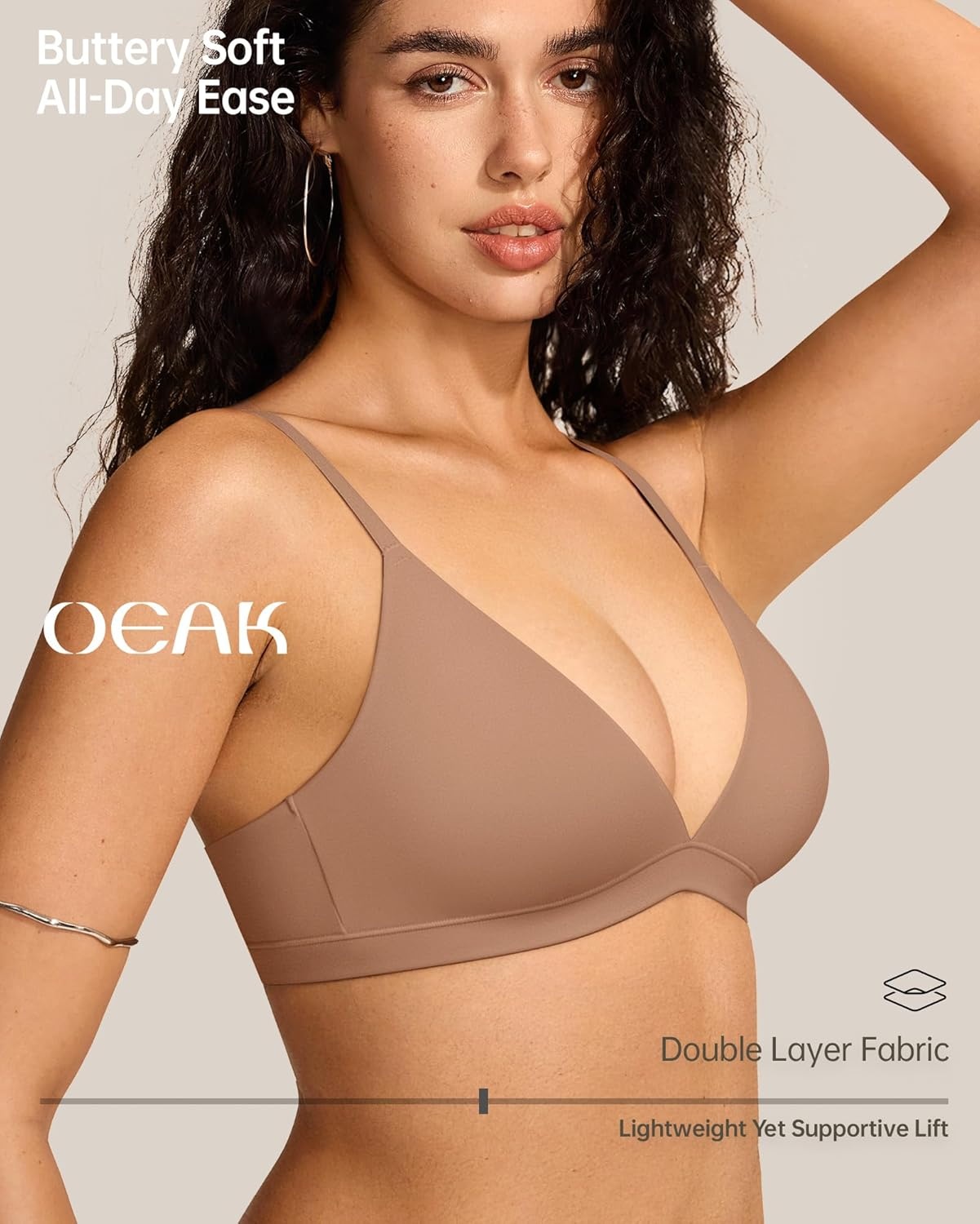 image:imageOEAK Womens Comfortable Triangle Bras No Underwire Sexy Plunge Unlined Bralette Pull On Bra Seamless Everyday Tshirt BrasLatte