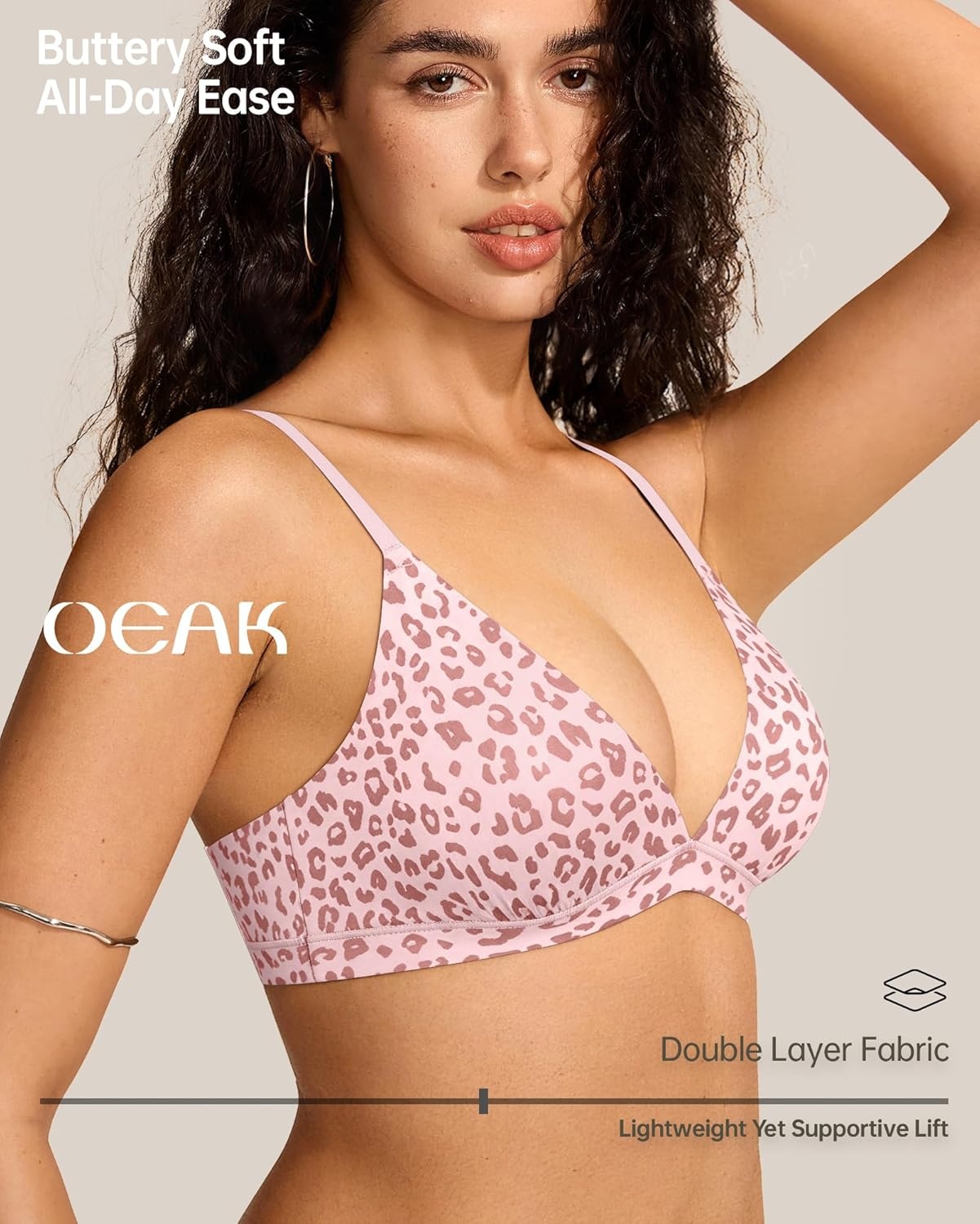 image:imageOEAK Womens Comfortable Triangle Bras No Underwire Sexy Plunge Unlined Bralette Pull On Bra Seamless Everyday Tshirt BrasPink Leopard