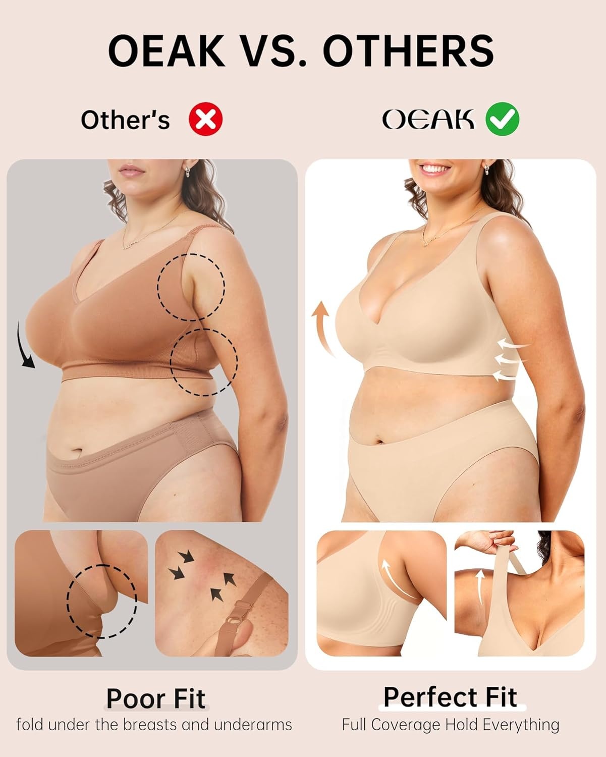 image:imageOEAK Womens Deep V Bras Comfortable Bra Support Push Up Bralettes Low Cut no Underwire Bra Plunge Seamless Tshirts Bras Beige XXL