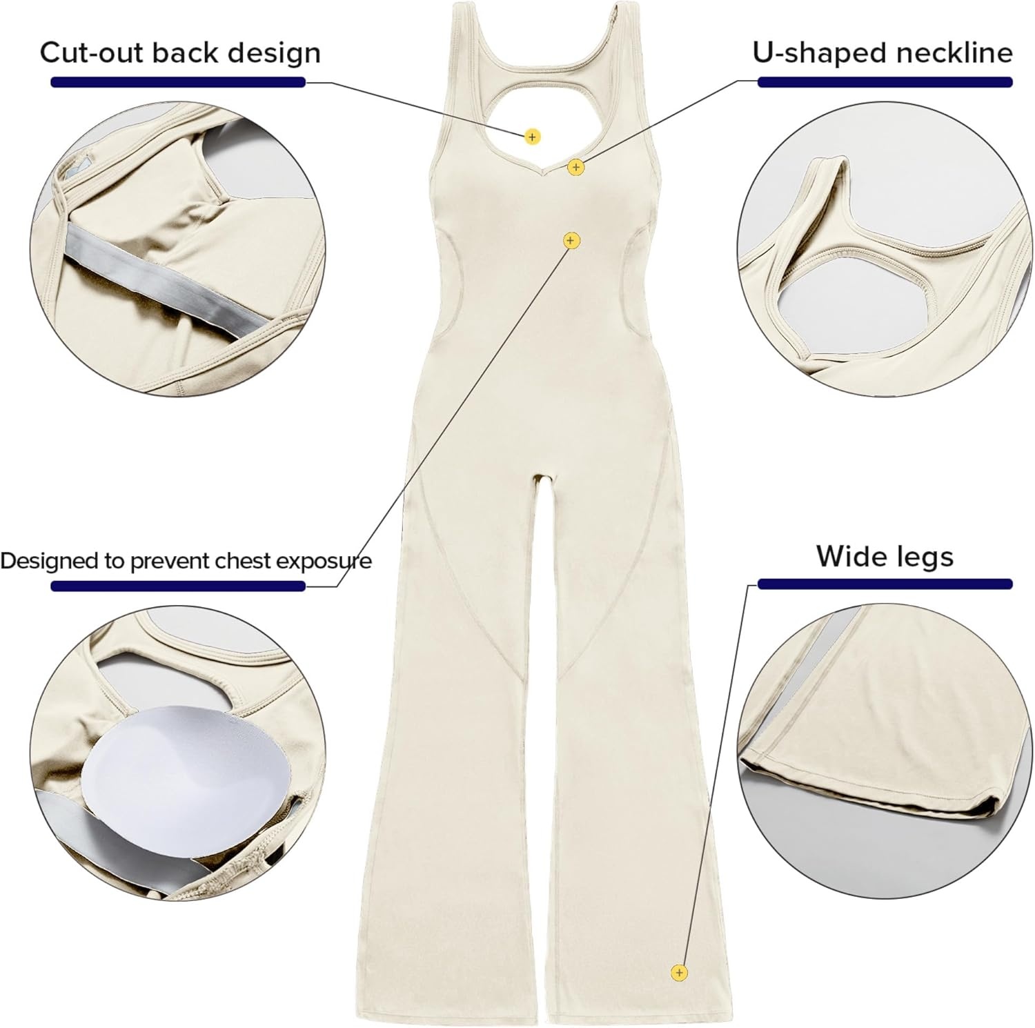 image:imageOEAK Womens Flare Jumpsuit with Bra Tummy Control Cutout Romper Workout Outfit Sleeveless Unitard One Piece Backless BodysuitBeige