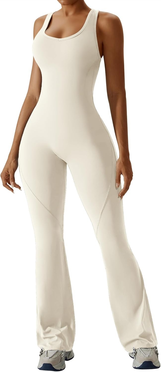 image:imageOEAK Womens Flare Jumpsuit with Bra Tummy Control Cutout Romper Workout Outfit Sleeveless Unitard One Piece Backless BodysuitBeige