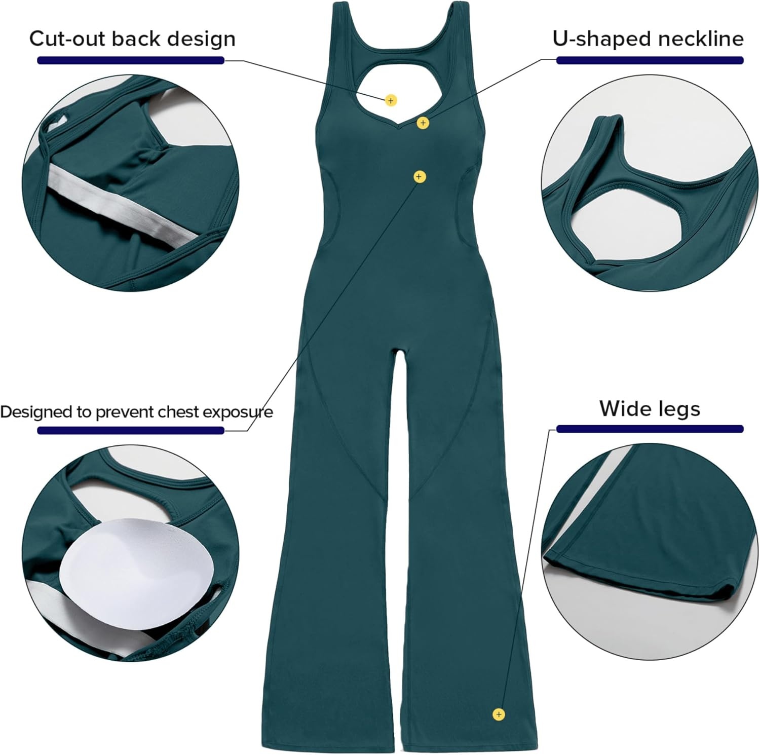image:imageOEAK Womens Flare Jumpsuit with Bra Tummy Control Cutout Romper Workout Outfit Sleeveless Unitard One Piece Backless BodysuitBlackish Green