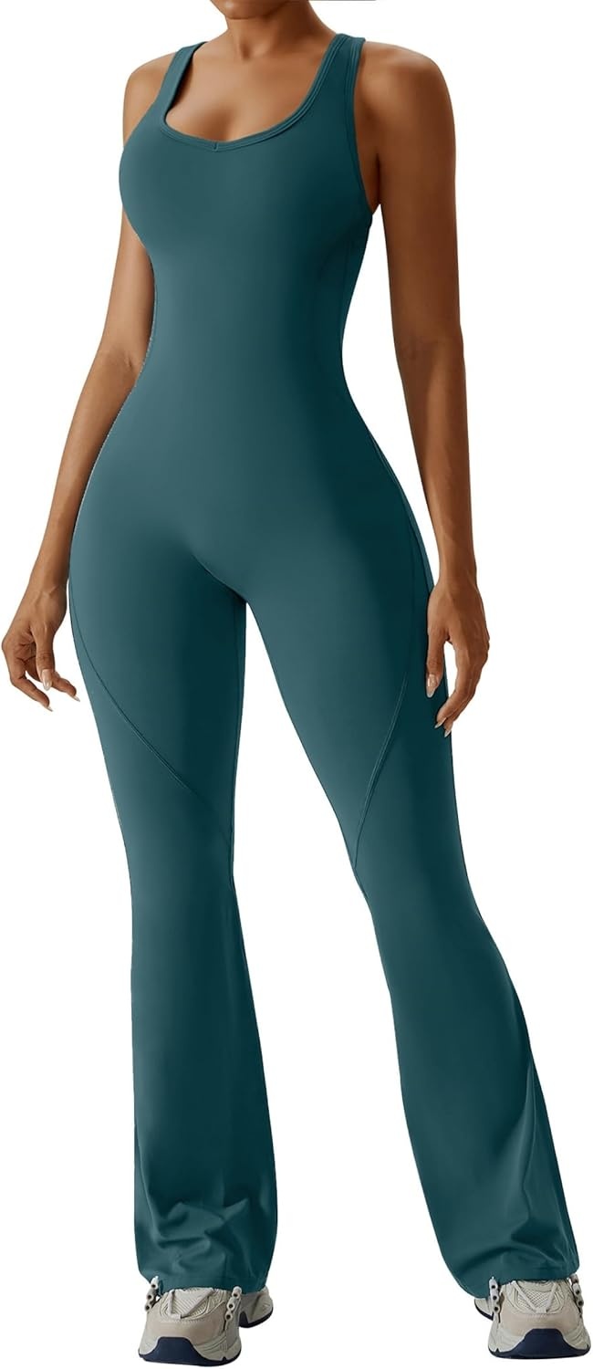 image:imageOEAK Womens Flare Jumpsuit with Bra Tummy Control Cutout Romper Workout Outfit Sleeveless Unitard One Piece Backless BodysuitBlackish Green
