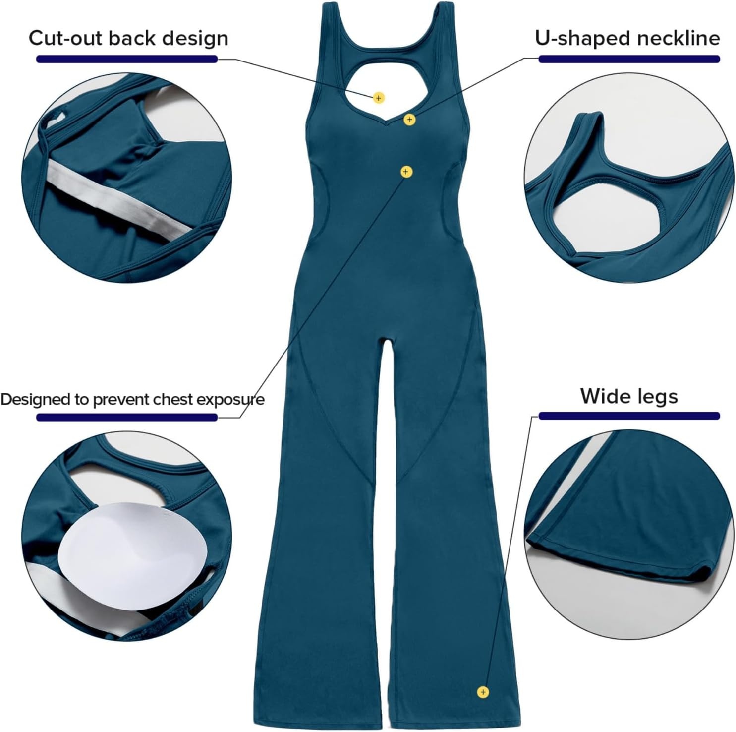 image:imageOEAK Womens Flare Jumpsuit with Bra Tummy Control Cutout Romper Workout Outfit Sleeveless Unitard One Piece Backless BodysuitBlue