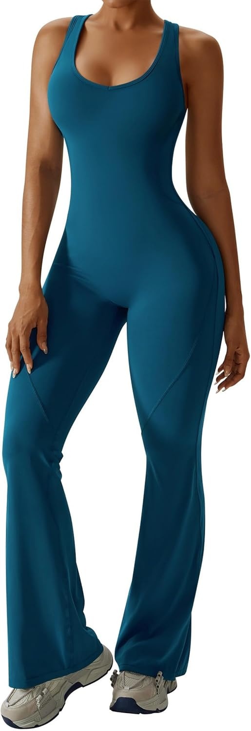 image:imageOEAK Womens Flare Jumpsuit with Bra Tummy Control Cutout Romper Workout Outfit Sleeveless Unitard One Piece Backless BodysuitBlue