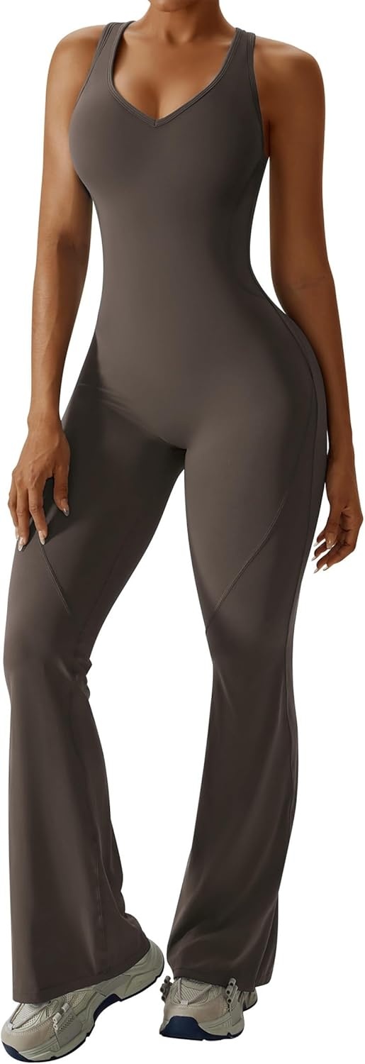 image:imageOEAK Womens Flare Jumpsuit with Bra Tummy Control Cutout Romper Workout Outfit Sleeveless Unitard One Piece Backless BodysuitBrown