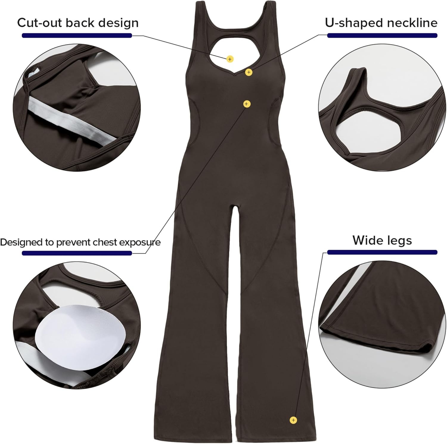 image:imageOEAK Womens Flare Jumpsuit with Bra Tummy Control Cutout Romper Workout Outfit Sleeveless Unitard One Piece Backless BodysuitBrown