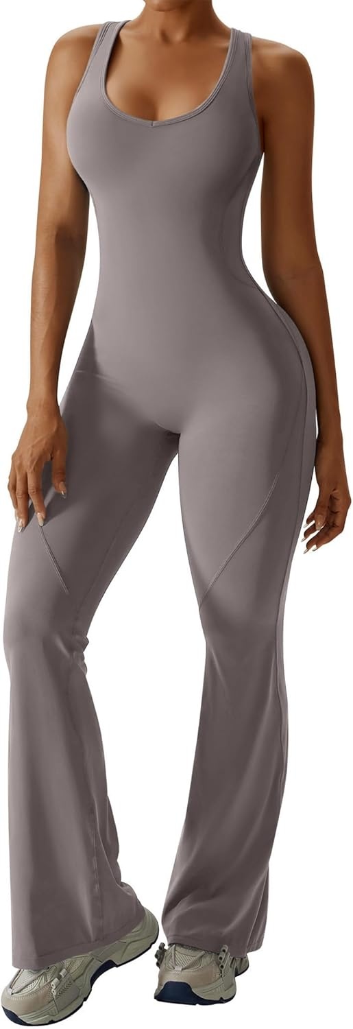 image:imageOEAK Womens Flare Jumpsuit with Bra Tummy Control Cutout Romper Workout Outfit Sleeveless Unitard One Piece Backless BodysuitFlaxen