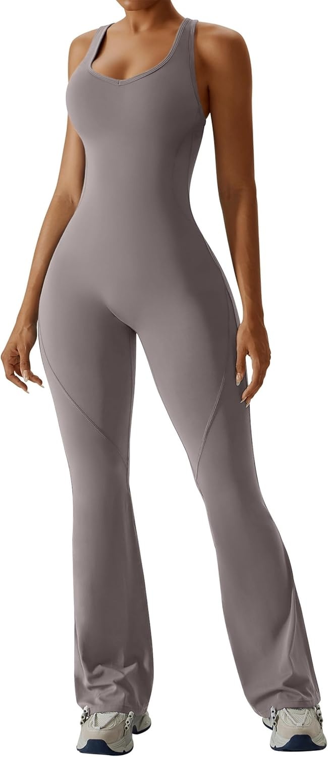 image:imageOEAK Womens Flare Jumpsuit with Bra Tummy Control Cutout Romper Workout Outfit Sleeveless Unitard One Piece Backless BodysuitFlaxen