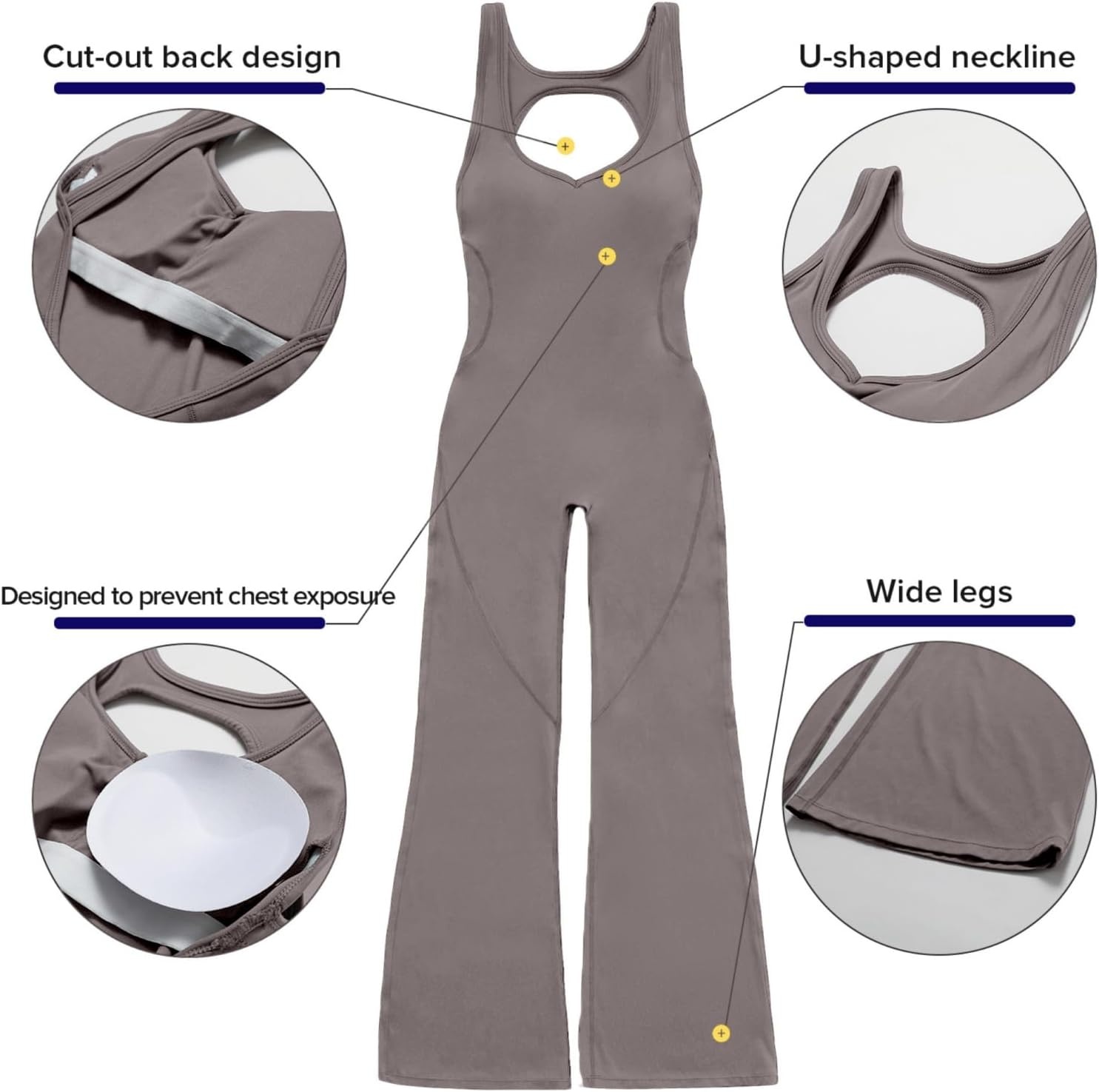 image:imageOEAK Womens Flare Jumpsuit with Bra Tummy Control Cutout Romper Workout Outfit Sleeveless Unitard One Piece Backless BodysuitFlaxen