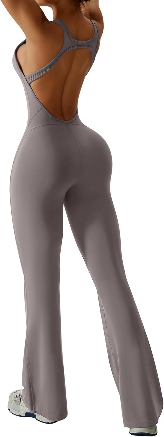 image:imageOEAK Womens Flare Jumpsuit with Bra Tummy Control Cutout Romper Workout Outfit Sleeveless Unitard One Piece Backless BodysuitFlaxen