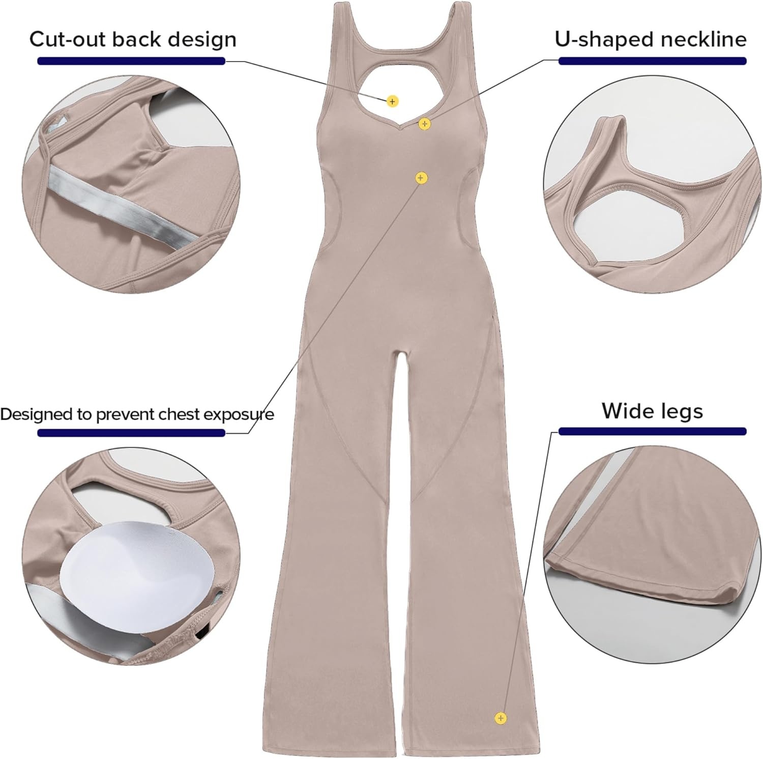 image:imageOEAK Womens Flare Jumpsuit with Bra Tummy Control Cutout Romper Workout Outfit Sleeveless Unitard One Piece Backless BodysuitKhaki
