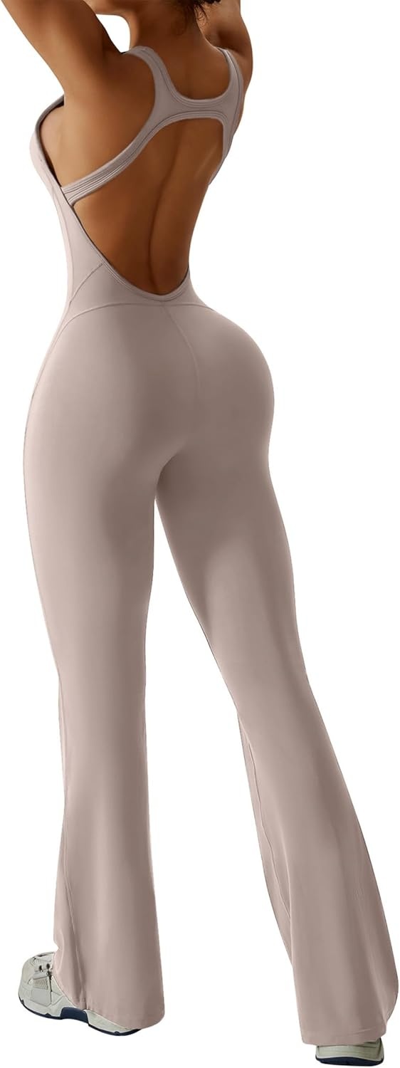 image:imageOEAK Womens Flare Jumpsuit with Bra Tummy Control Cutout Romper Workout Outfit Sleeveless Unitard One Piece Backless BodysuitKhaki