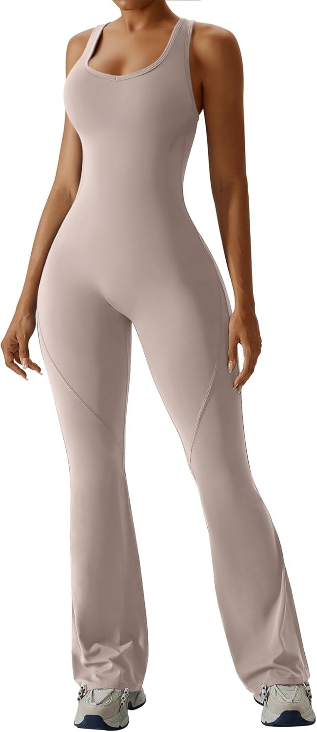image:imageOEAK Womens Flare Jumpsuit with Bra Tummy Control Cutout Romper Workout Outfit Sleeveless Unitard One Piece Backless BodysuitKhaki