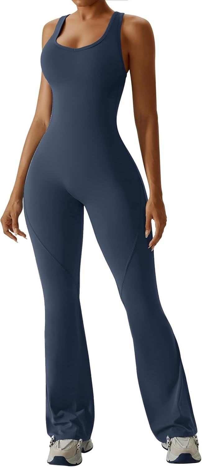 image:imageOEAK Womens Flare Jumpsuit with Bra Tummy Control Cutout Romper Workout Outfit Sleeveless Unitard One Piece Backless BodysuitNavy