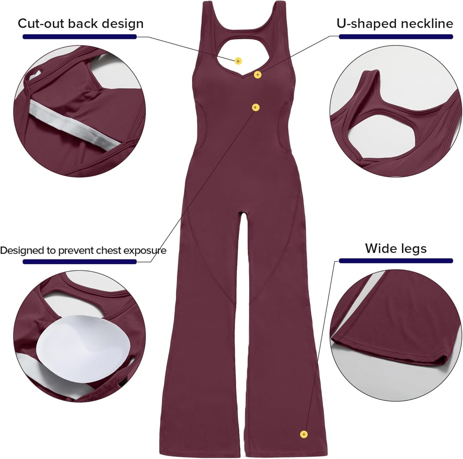 image:imageOEAK Womens Flare Jumpsuit with Bra Tummy Control Cutout Romper Workout Outfit Sleeveless Unitard One Piece Backless BodysuitWine Red