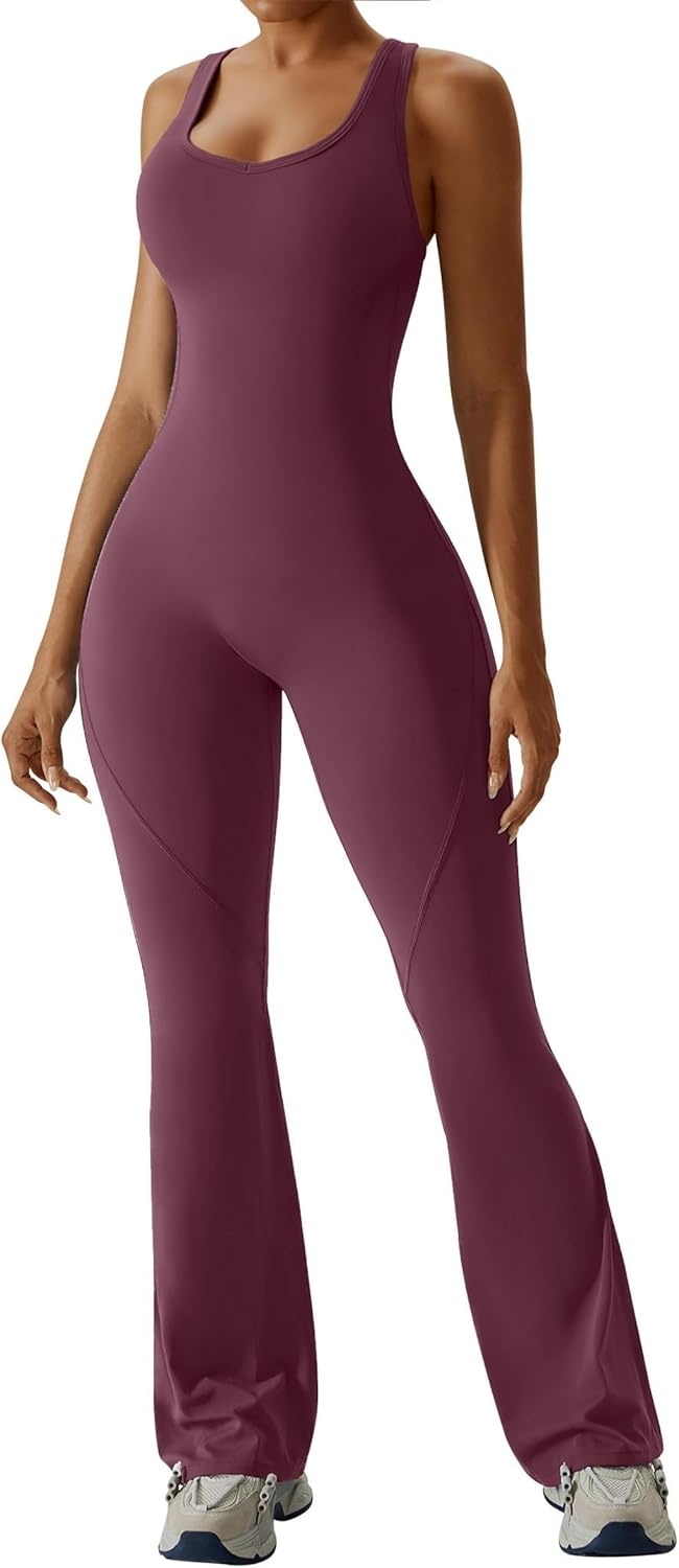 image:imageOEAK Womens Flare Jumpsuit with Bra Tummy Control Cutout Romper Workout Outfit Sleeveless Unitard One Piece Backless BodysuitWine Red