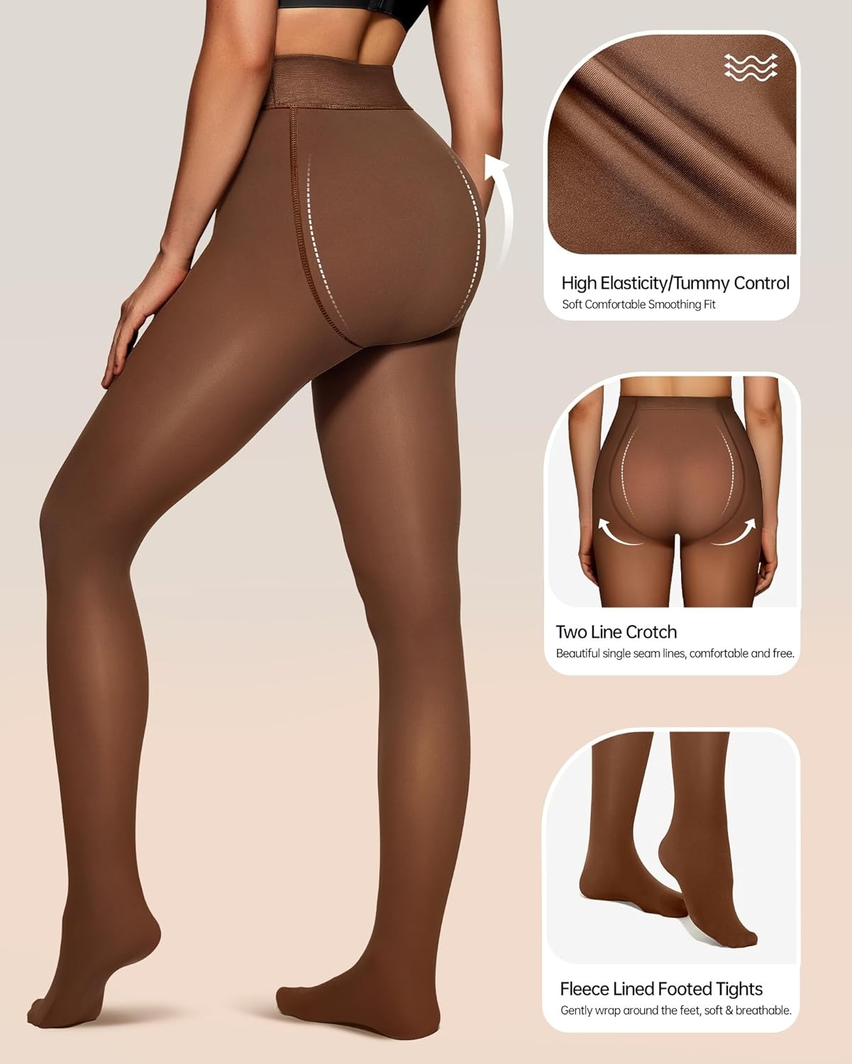 image:imageOEAK Womens Fleece Lined Tights Fake Translucent Pantyhose Thermal Opaque High Waisted Warm Legging Pants Footed Sheer Leggings Fake Translucent Coffee SM 220g