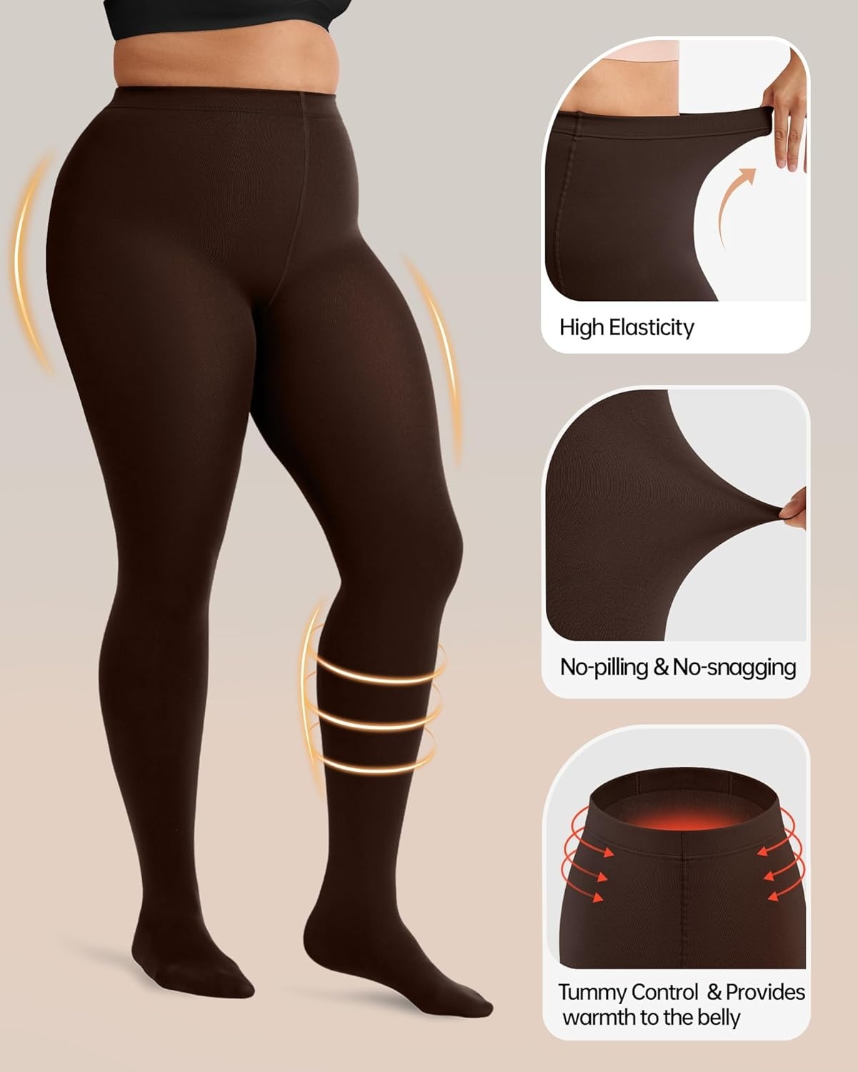 image:imageOEAK Womens Fleece Lined Tights Leggings Plus Size Thermal Warm Thick Opaque Tights Tummy Control High Waisted PantyhoseBrown