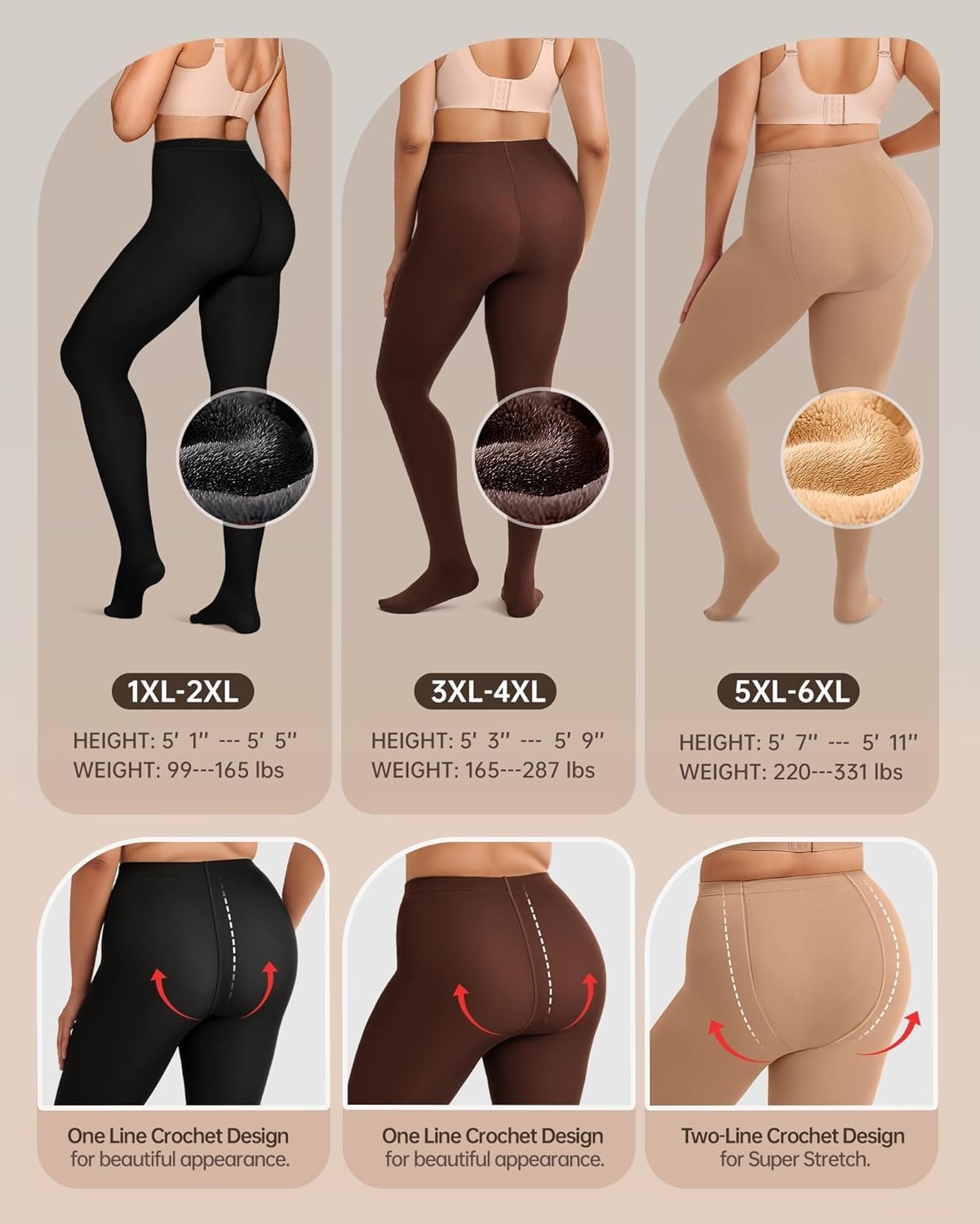 image:imageOEAK Womens Fleece Lined Tights Leggings Plus Size Thermal Warm Thick Opaque Tights Tummy Control High Waisted PantyhoseBrown