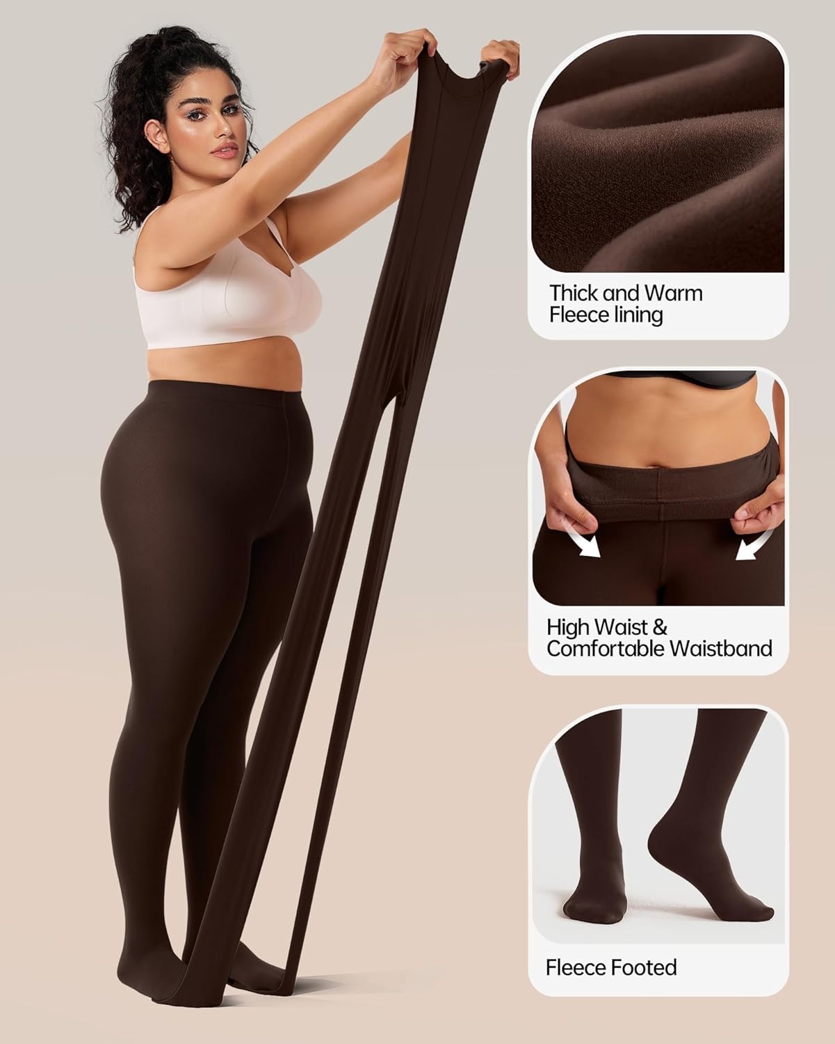 image:imageOEAK Womens Fleece Lined Tights Leggings Plus Size Thermal Warm Thick Opaque Tights Tummy Control High Waisted PantyhoseBrown