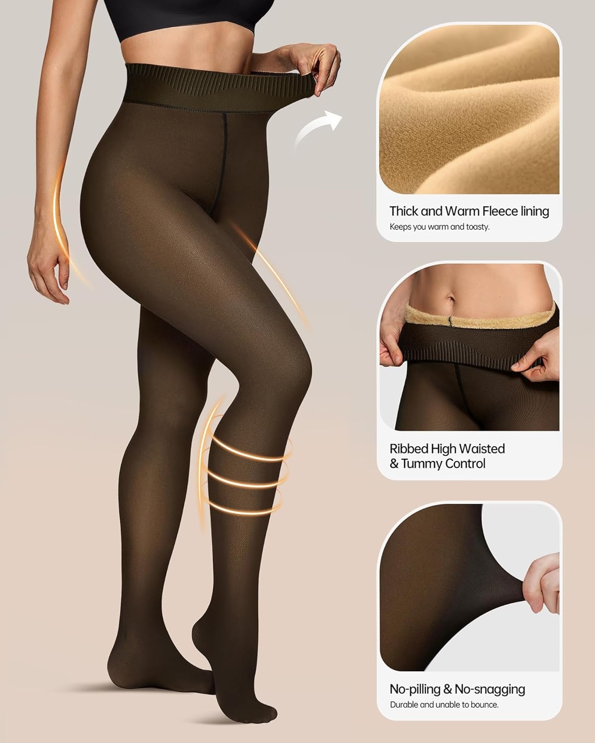 image:imageOEAK Womens Fleece Lined Tights Leggings Sheer Fake Translucent Tights Womens Wireless Bras V Mesh Comfortable Bralette Supportive Tshirt Bra Black 220g SM Black S
