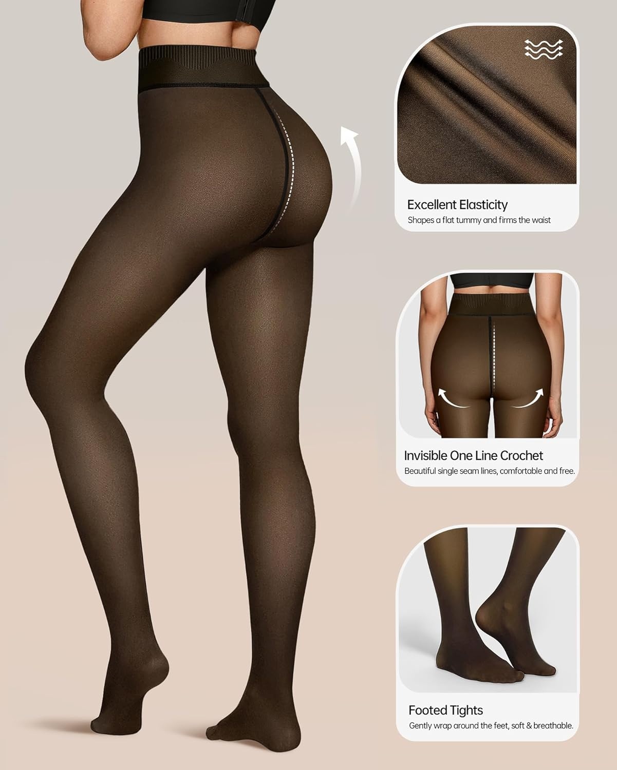 image:imageOEAK Womens Fleece Lined Tights Leggings Sheer Fake Translucent Tights Womens Wireless Bras V Mesh Comfortable Bralette Supportive Tshirt Bra Black 220g SM Black S