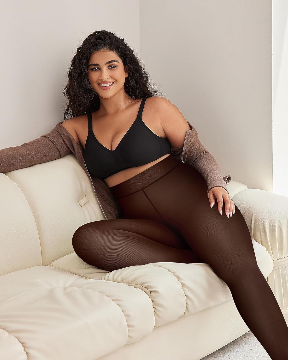 image:imageOEAK Womens Fleece Lined Tights Sheer Fake Translucent Pantyhose Thermal Tights High Waisted Footed Leggings2 Pairs Black