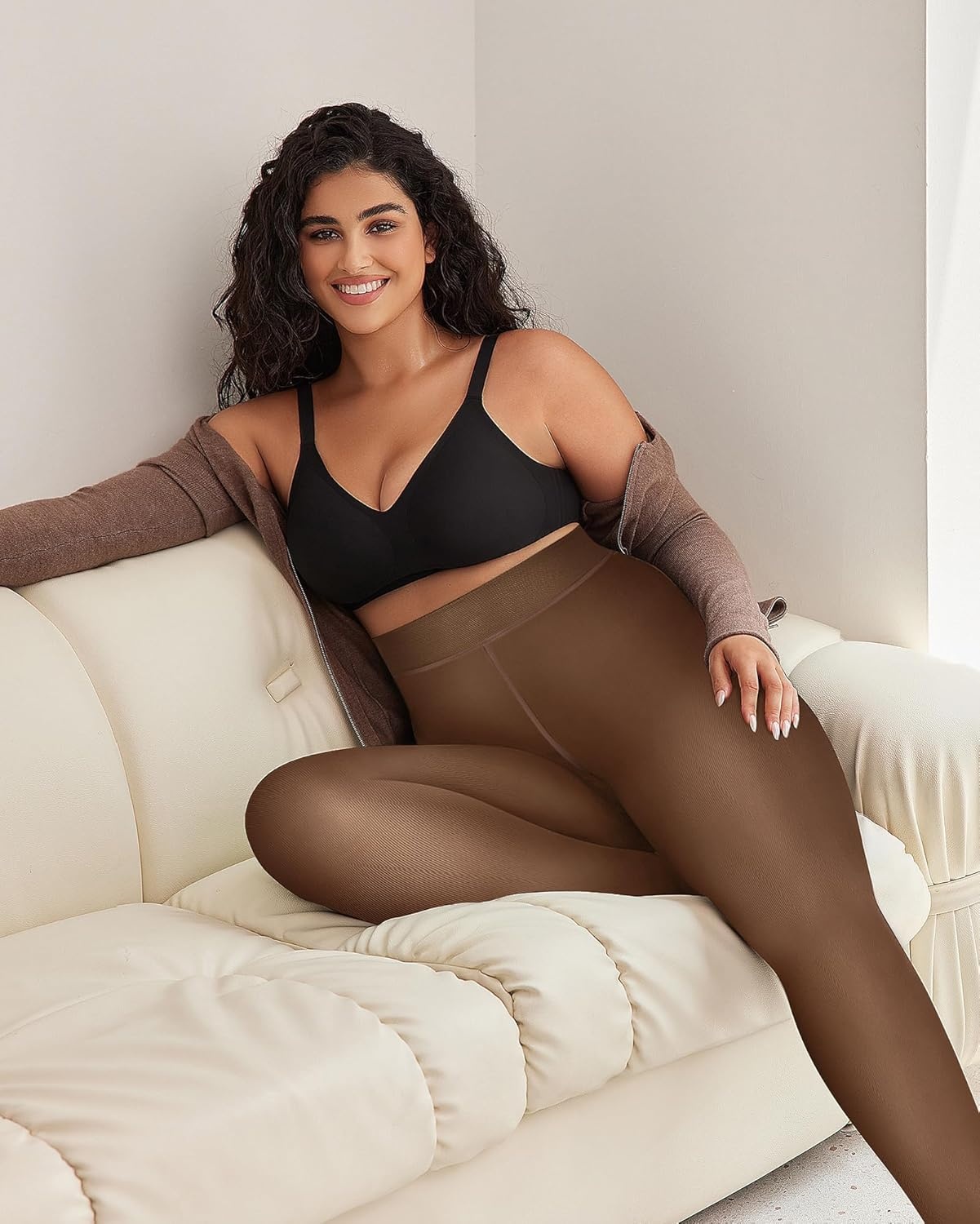 image:imageOEAK Womens Fleece Lined Tights Sheer Fake Translucent Pantyhose Thermal Tights High Waisted Footed LeggingsBlack Coffee