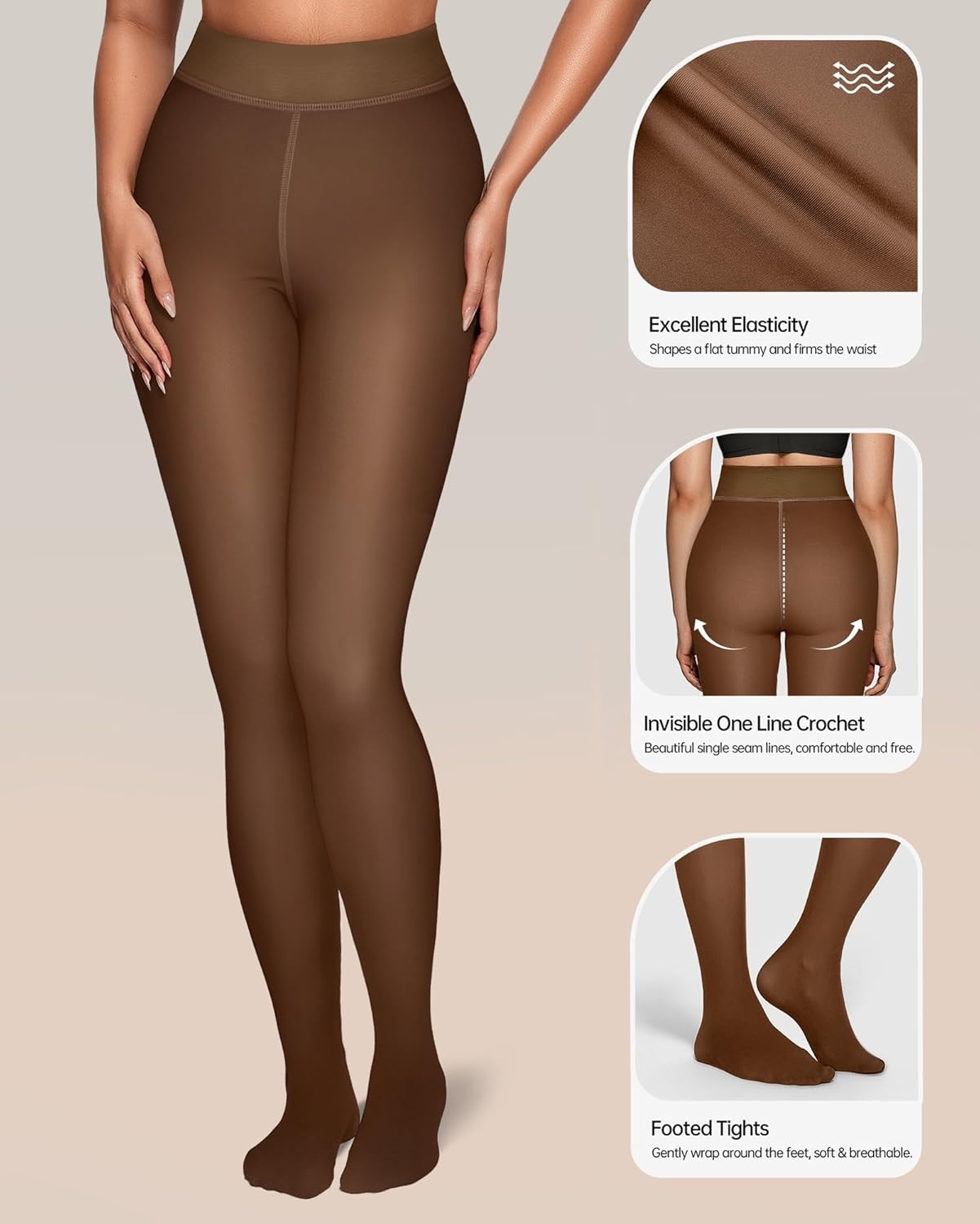 image:imageOEAK Womens Fleece Lined Tights Sheer Fake Translucent Pantyhose Thermal Tights High Waisted Footed LeggingsBlack Coffee