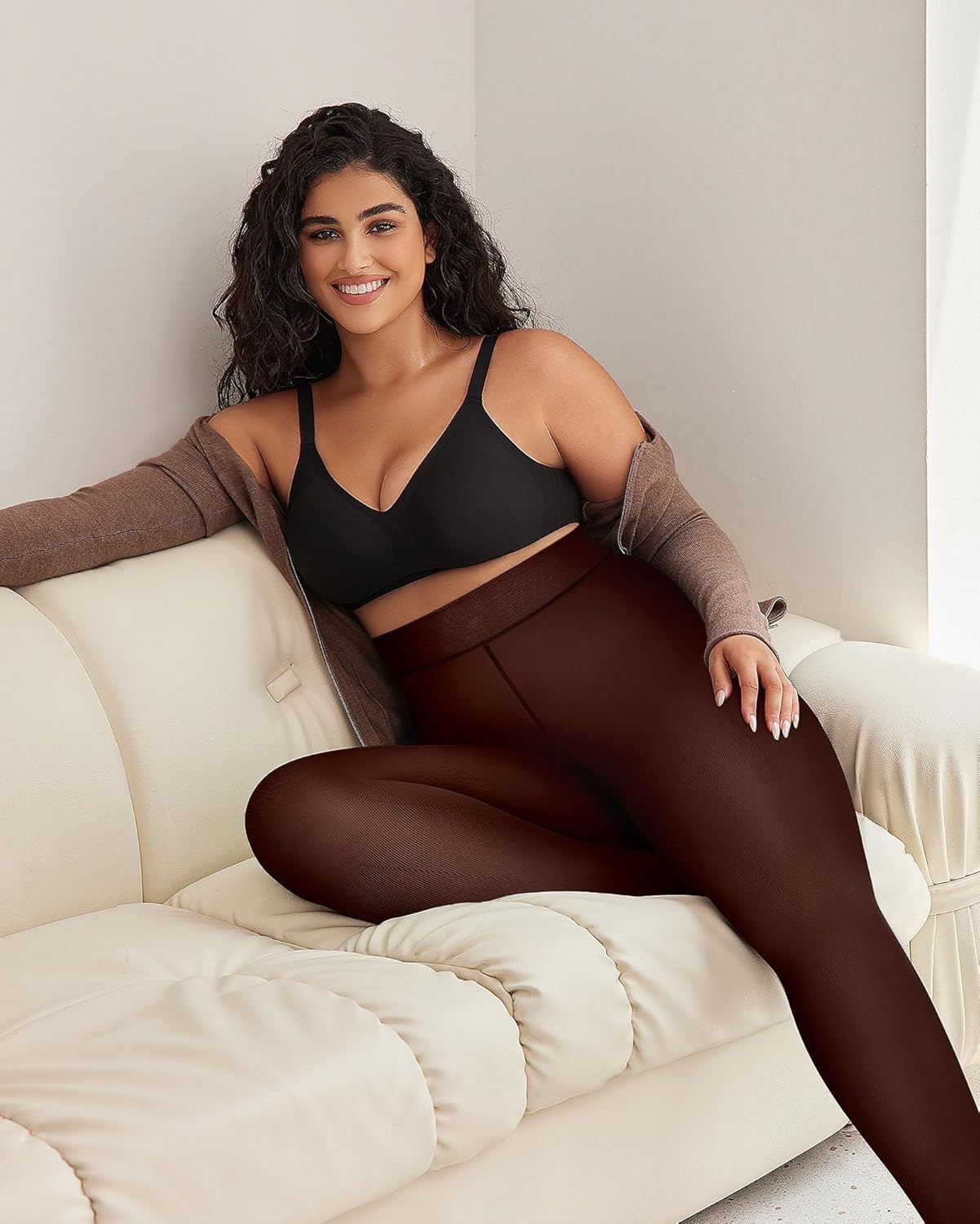 image:imageOEAK Womens Fleece Lined Tights Sheer Fake Translucent Pantyhose Thermal Tights High Waisted Footed LeggingsBrown