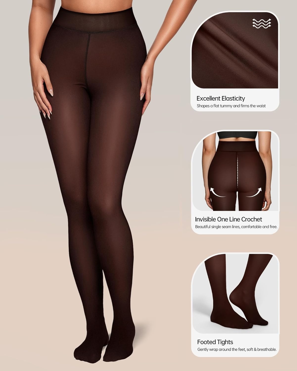 image:imageOEAK Womens Fleece Lined Tights Sheer Fake Translucent Pantyhose Thermal Tights High Waisted Footed LeggingsBrown