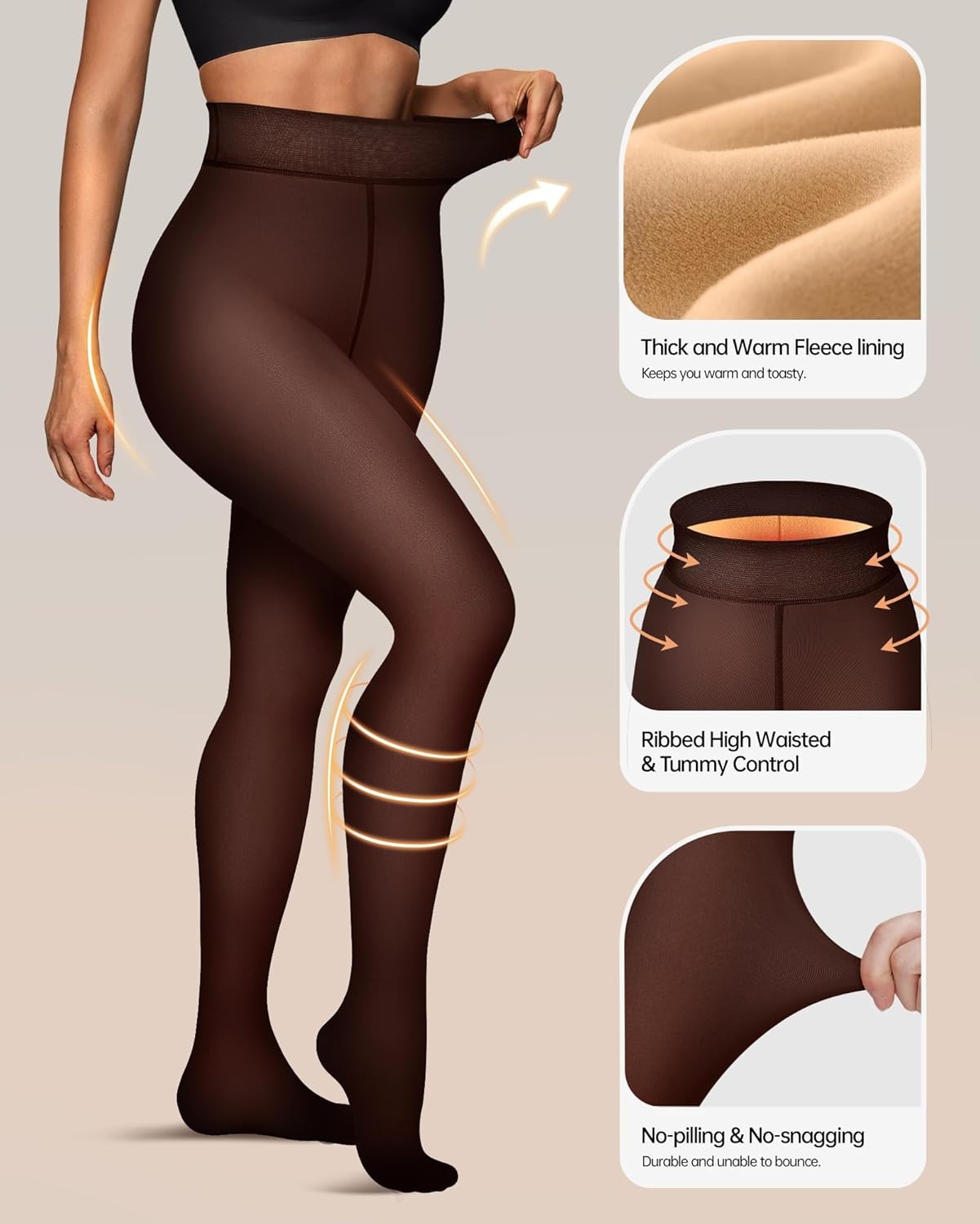 image:imageOEAK Womens Fleece Lined Tights Sheer Fake Translucent Pantyhose Thermal Tights High Waisted Footed LeggingsBrown