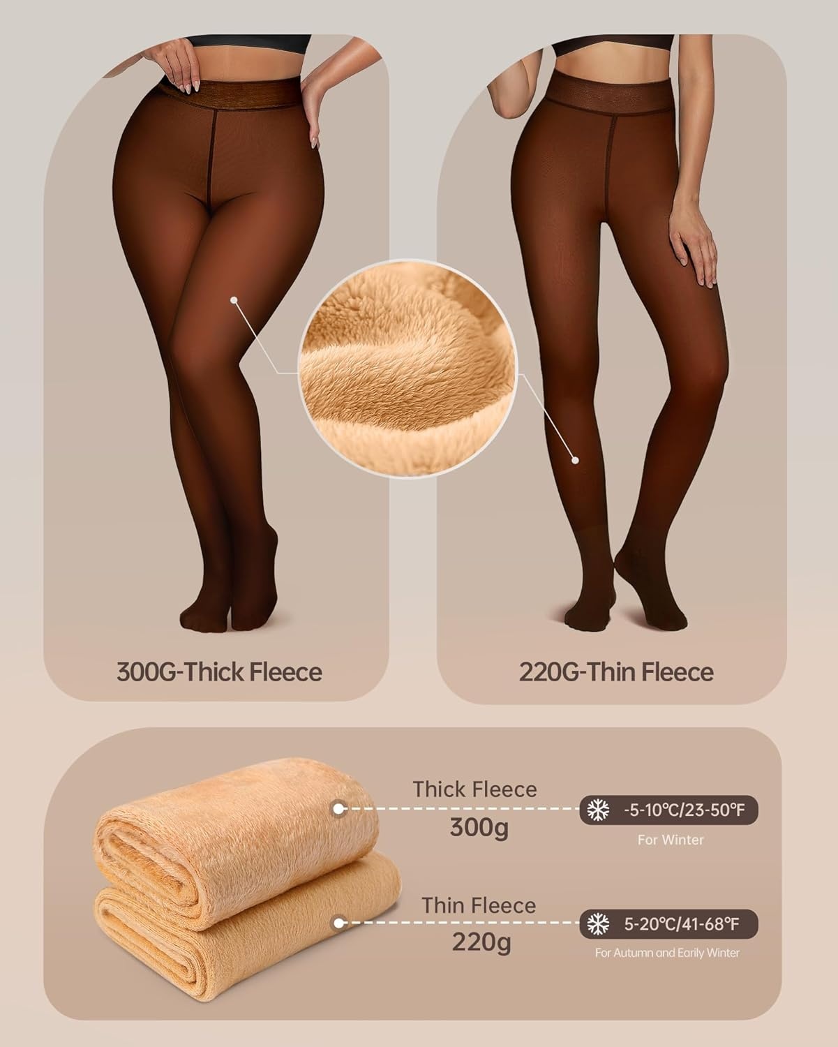 image:imageOEAK Womens Fleece Lined Tights Sheer Fake Translucent Pantyhose Thermal Tights High Waisted Footed LeggingsCaramel