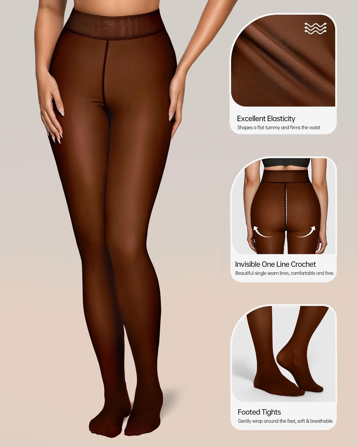 image:imageOEAK Womens Fleece Lined Tights Sheer Fake Translucent Pantyhose Thermal Tights High Waisted Footed LeggingsCaramel