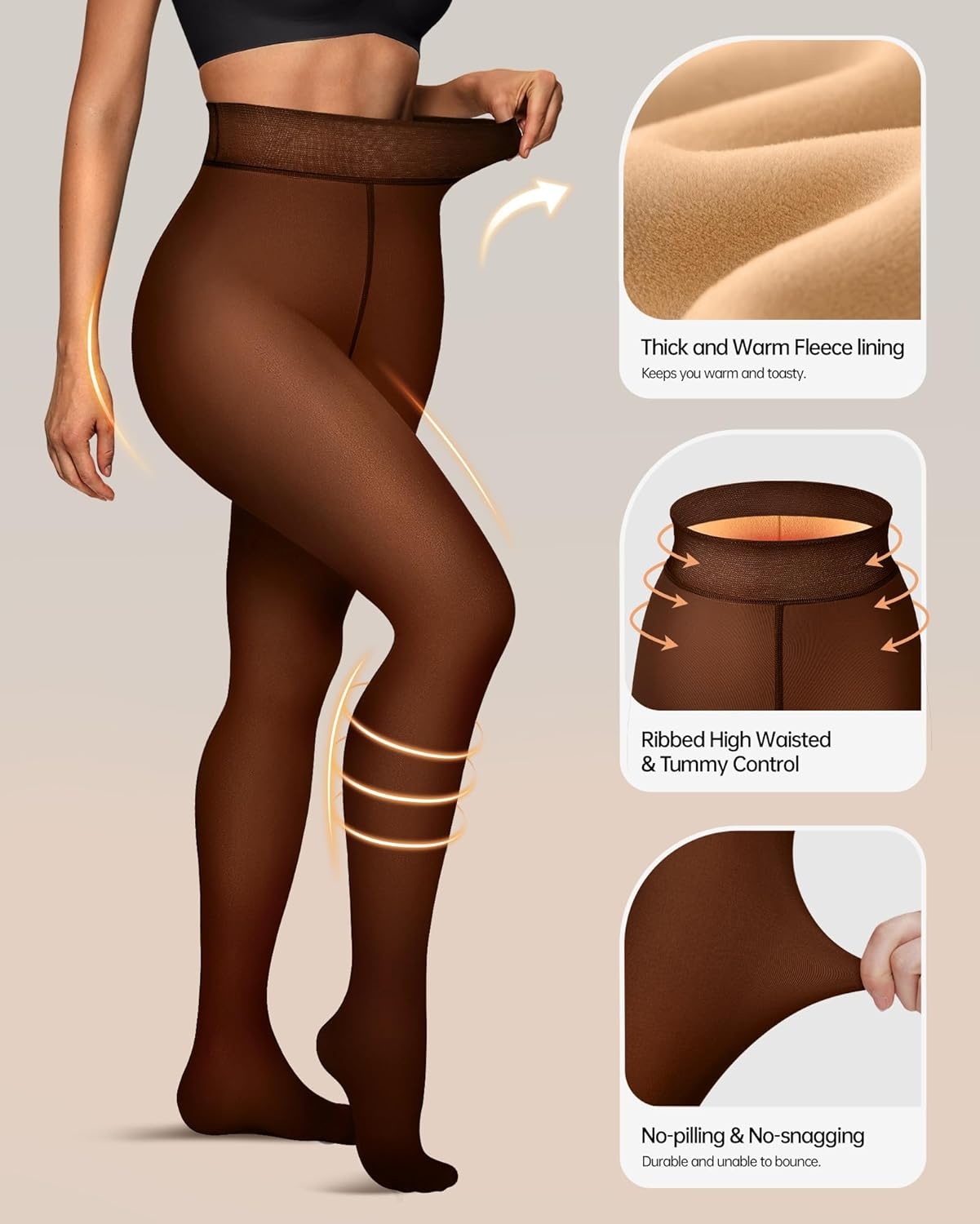 image:imageOEAK Womens Fleece Lined Tights Sheer Fake Translucent Pantyhose Thermal Tights High Waisted Footed LeggingsCaramel