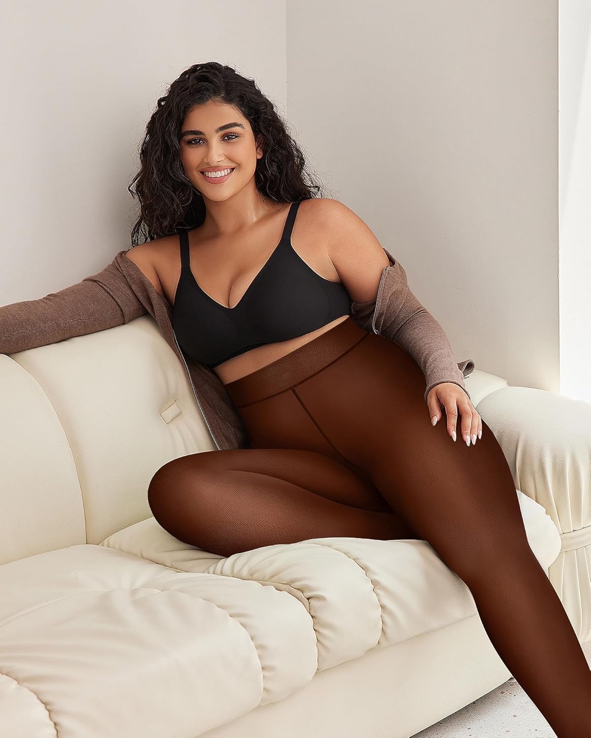 image:imageOEAK Womens Fleece Lined Tights Sheer Fake Translucent Pantyhose Thermal Tights High Waisted Footed LeggingsCaramel