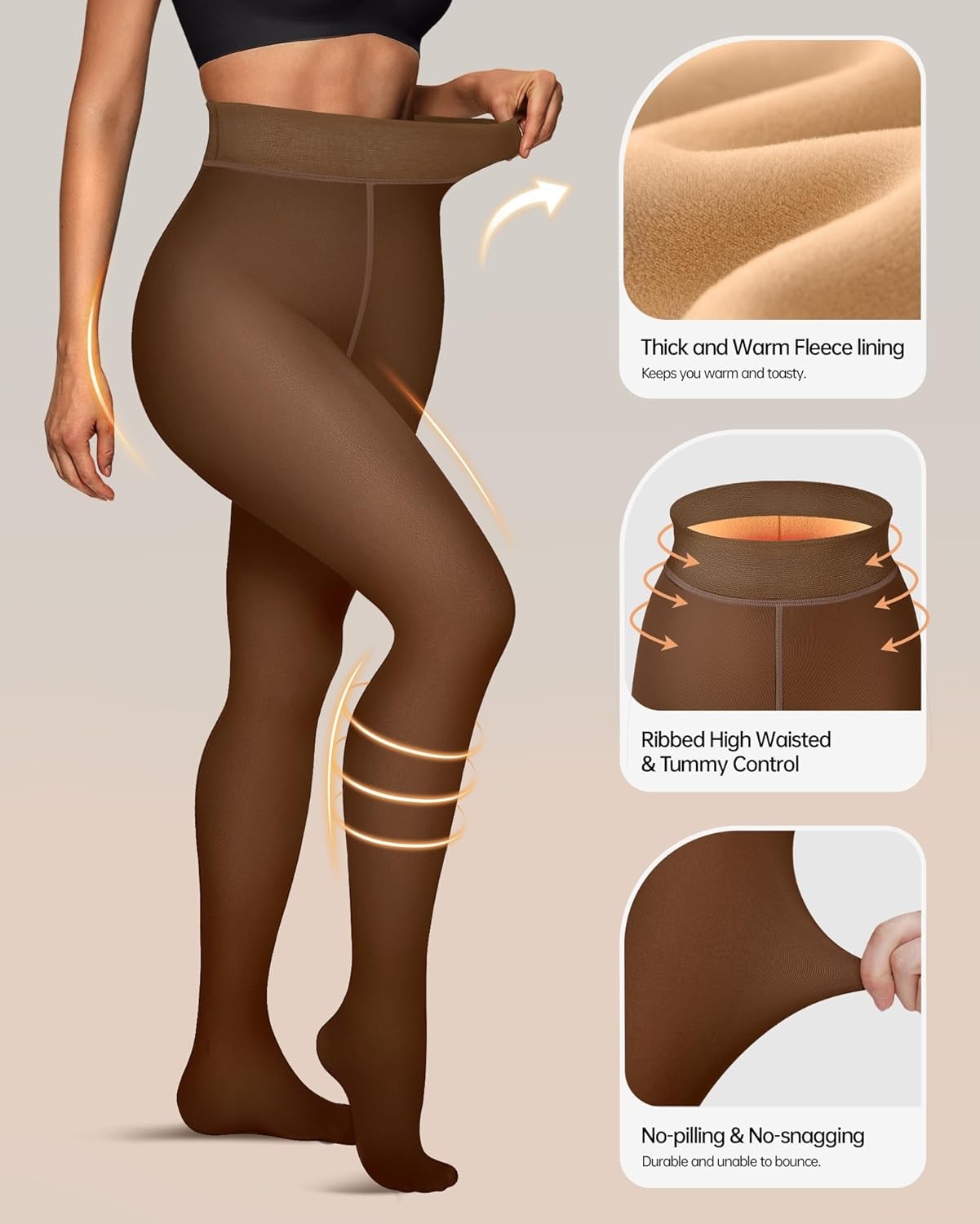 image:imageOEAK Womens Fleece Lined Tights Sheer Fake Translucent Pantyhose Thermal Tights High Waisted Footed LeggingsCoffee