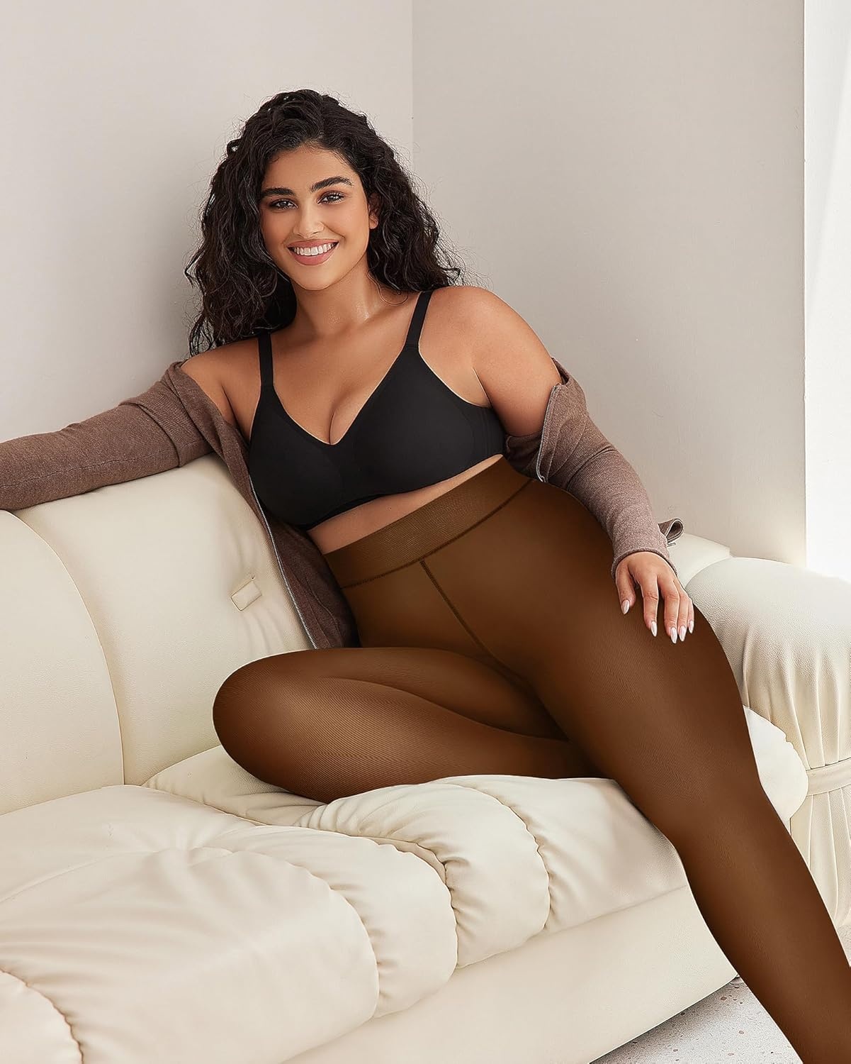 image:imageOEAK Womens Fleece Lined Tights Sheer Fake Translucent Pantyhose Thermal Tights High Waisted Footed LeggingsHoney