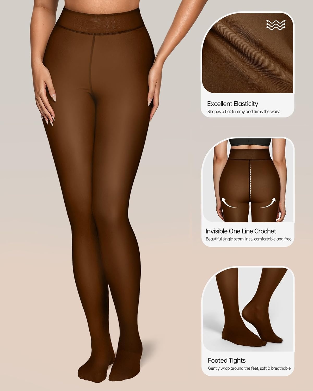image:imageOEAK Womens Fleece Lined Tights Sheer Fake Translucent Pantyhose Thermal Tights High Waisted Footed LeggingsHoney