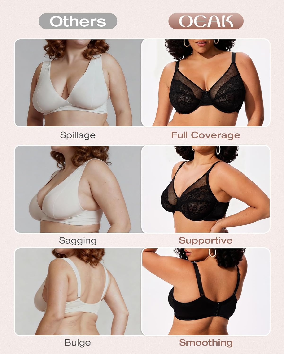 image:imageOEAK Womens Minimizer Bras Underwire Full Coverage Bra Plus Size Unlined Lace Bralette Lifting Tshirt Bras for Large BreastBlack