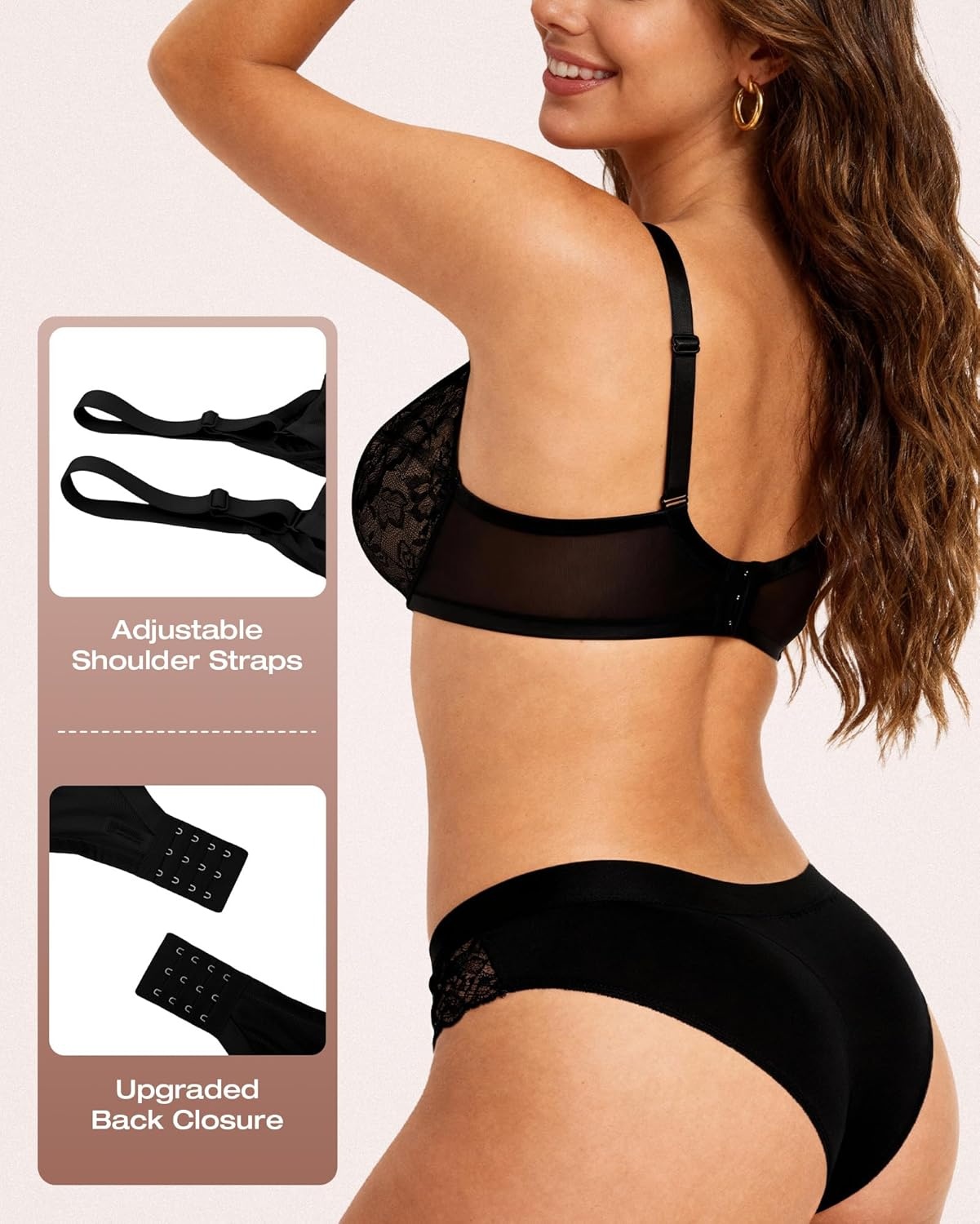 image:imageOEAK Womens Minimizer Bras Underwire Full Coverage Bra Plus Size Unlined Lace Bralette Lifting Tshirt Bras for Large BreastBlack
