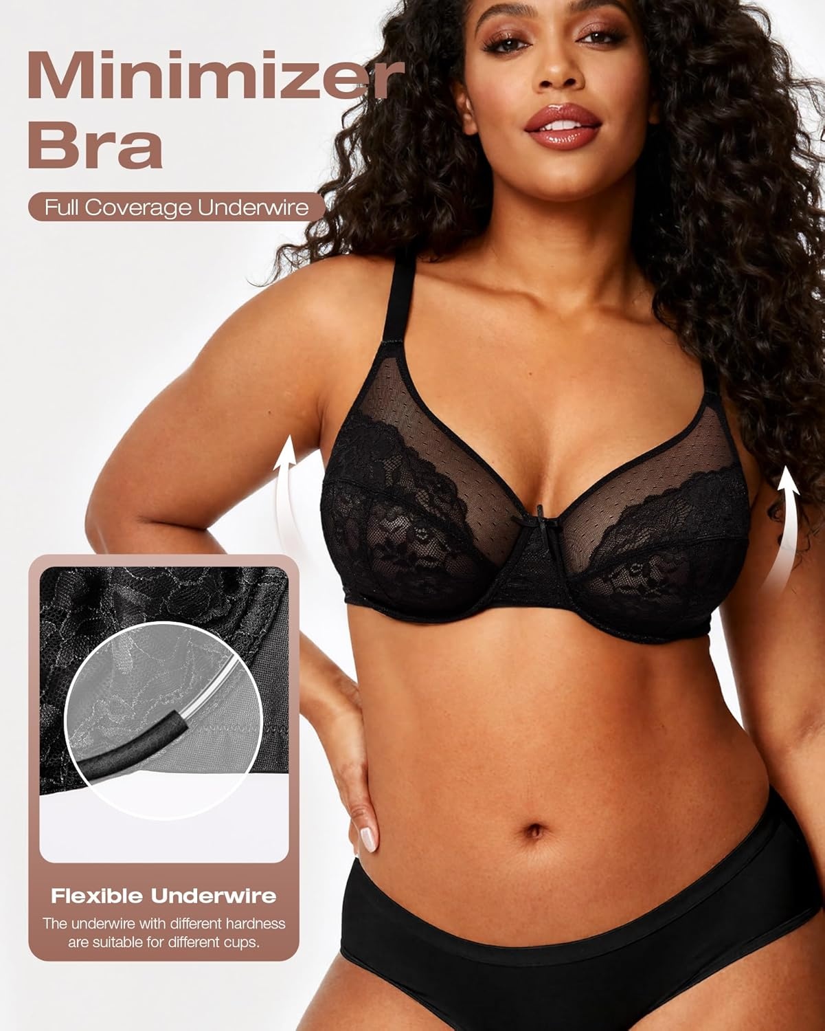 image:imageOEAK Womens Minimizer Bras Underwire Full Coverage Bra Plus Size Unlined Lace Bralette Lifting Tshirt Bras for Large BreastBlack