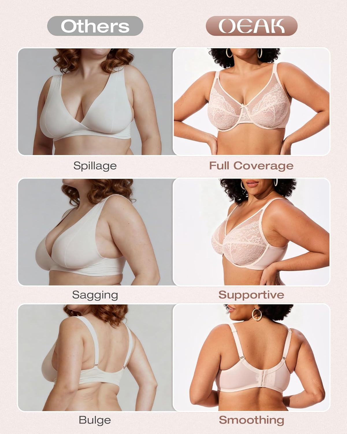 image:imageOEAK Womens Minimizer Bras Underwire Full Coverage Bra Plus Size Unlined Lace Bralette Lifting Tshirt Bras for Large BreastDusty Peach