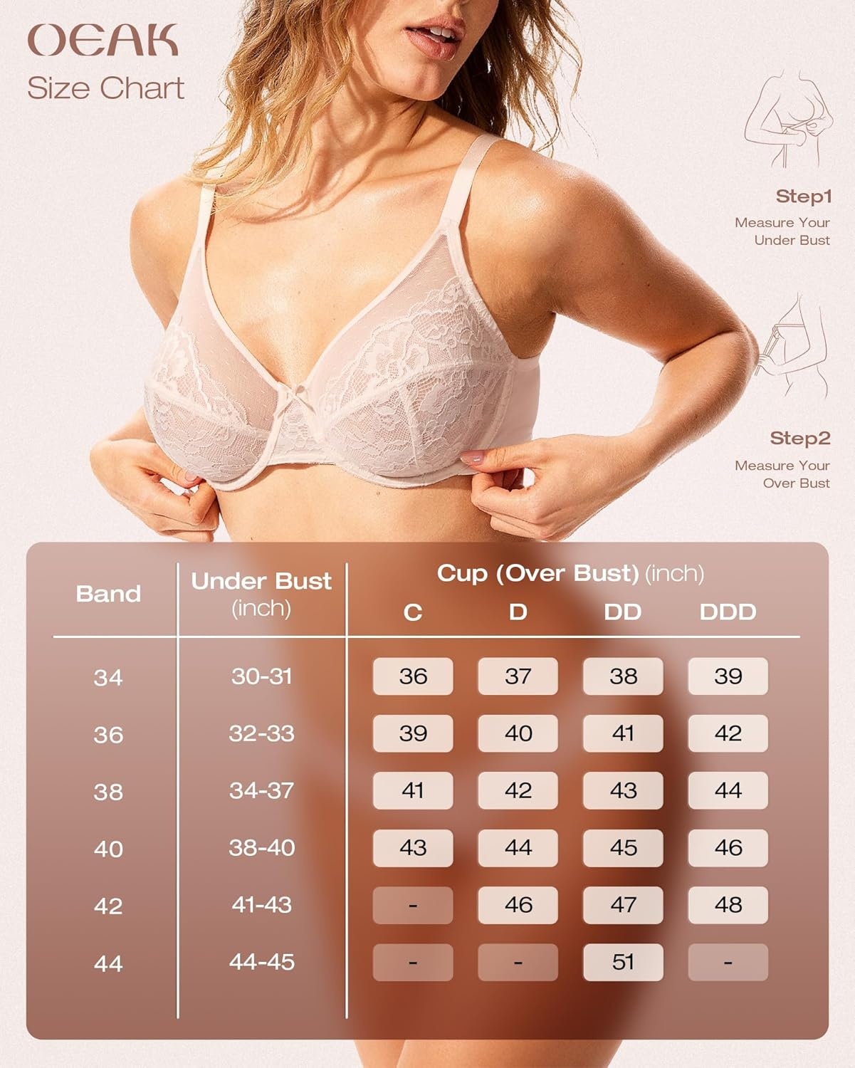 image:imageOEAK Womens Minimizer Bras Underwire Full Coverage Bra Plus Size Unlined Lace Bralette Lifting Tshirt Bras for Large BreastDusty Peach